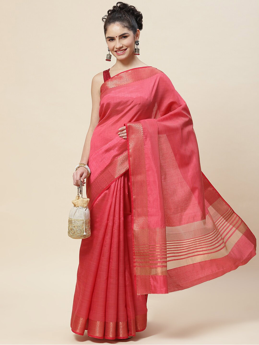

Meena Bazaar Woven Design Zari Art Silk Saree, Pink