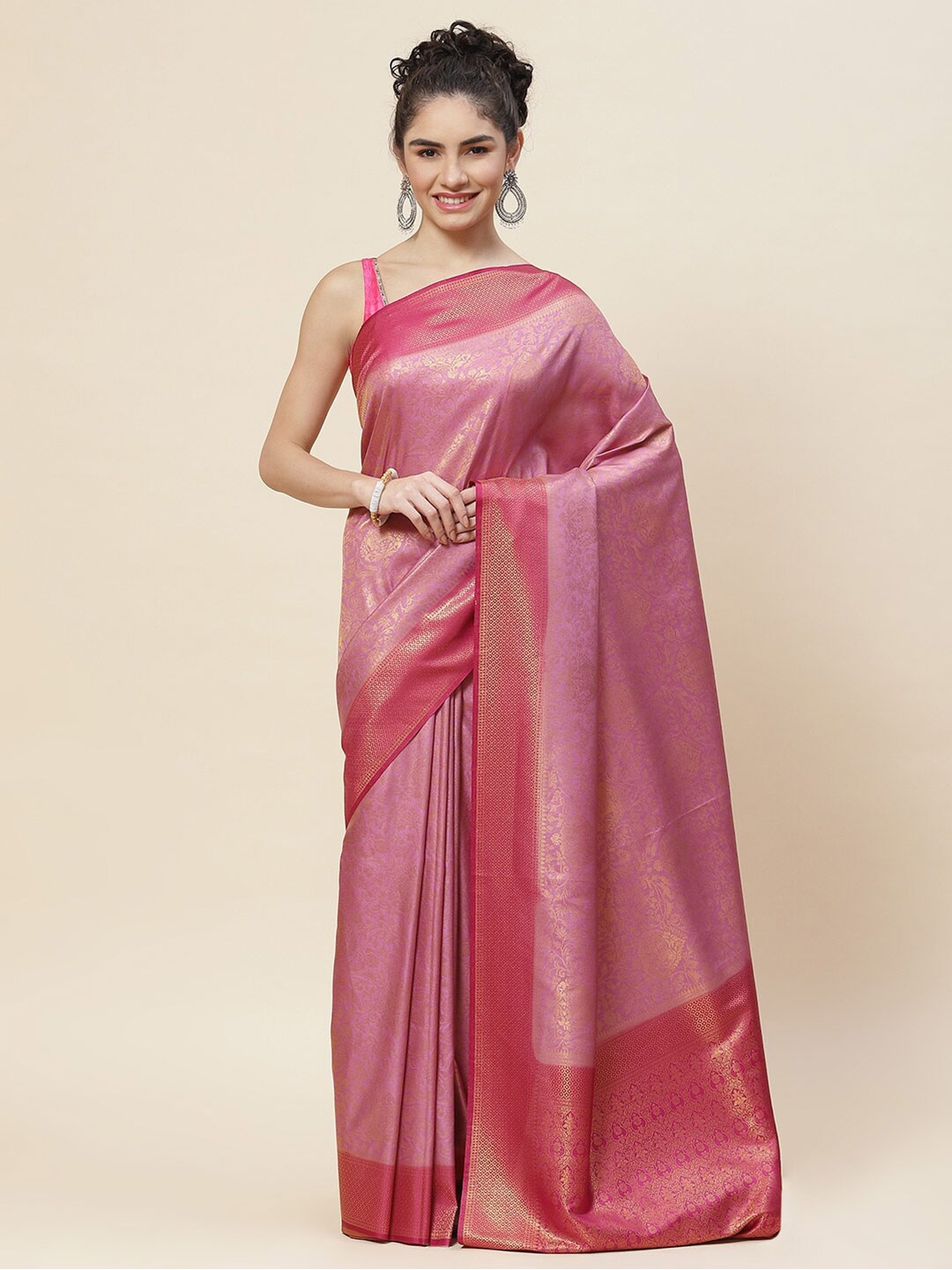 

Meena Bazaar Ethnic Motifs Zari Saree, Pink
