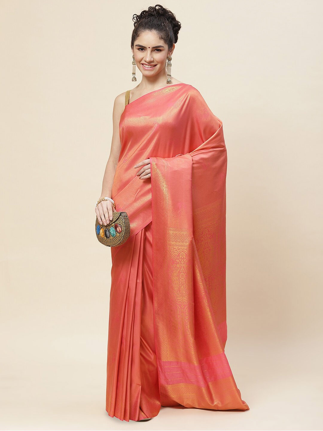 

Meena Bazaar Ethnic Motifs Zari Saree, Peach