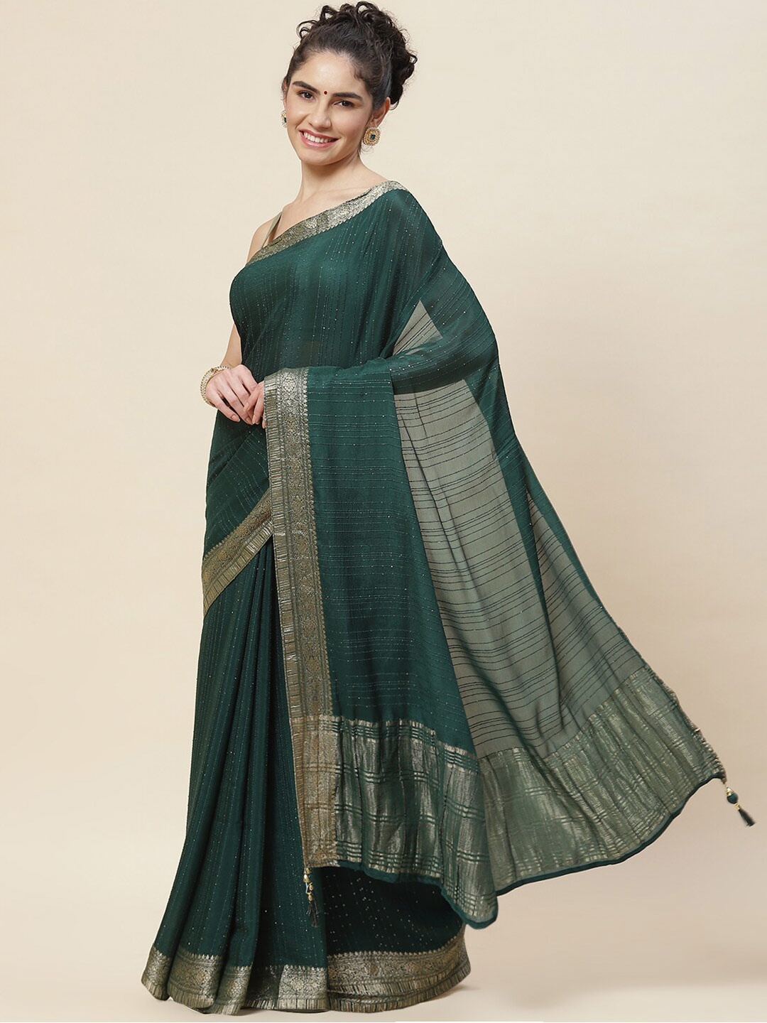 

Meena Bazaar Striped Zari Saree, Green
