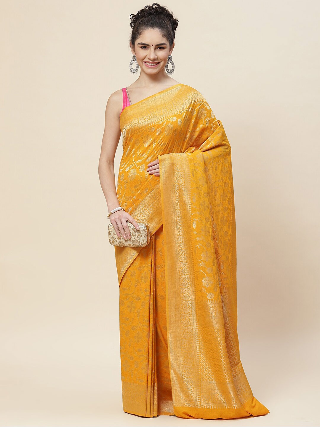 

Meena Bazaar Ethnic Motifs Zari Tussar Saree, Mustard