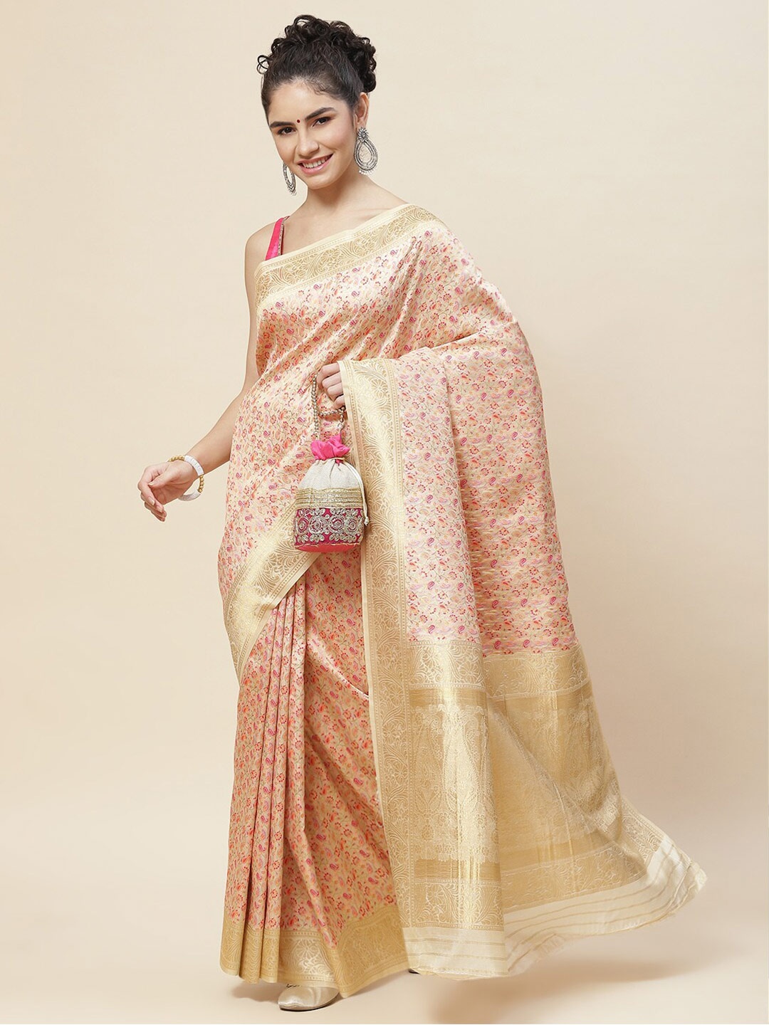 

Meena Bazaar Ethnic Motifs Zari Saree, Beige