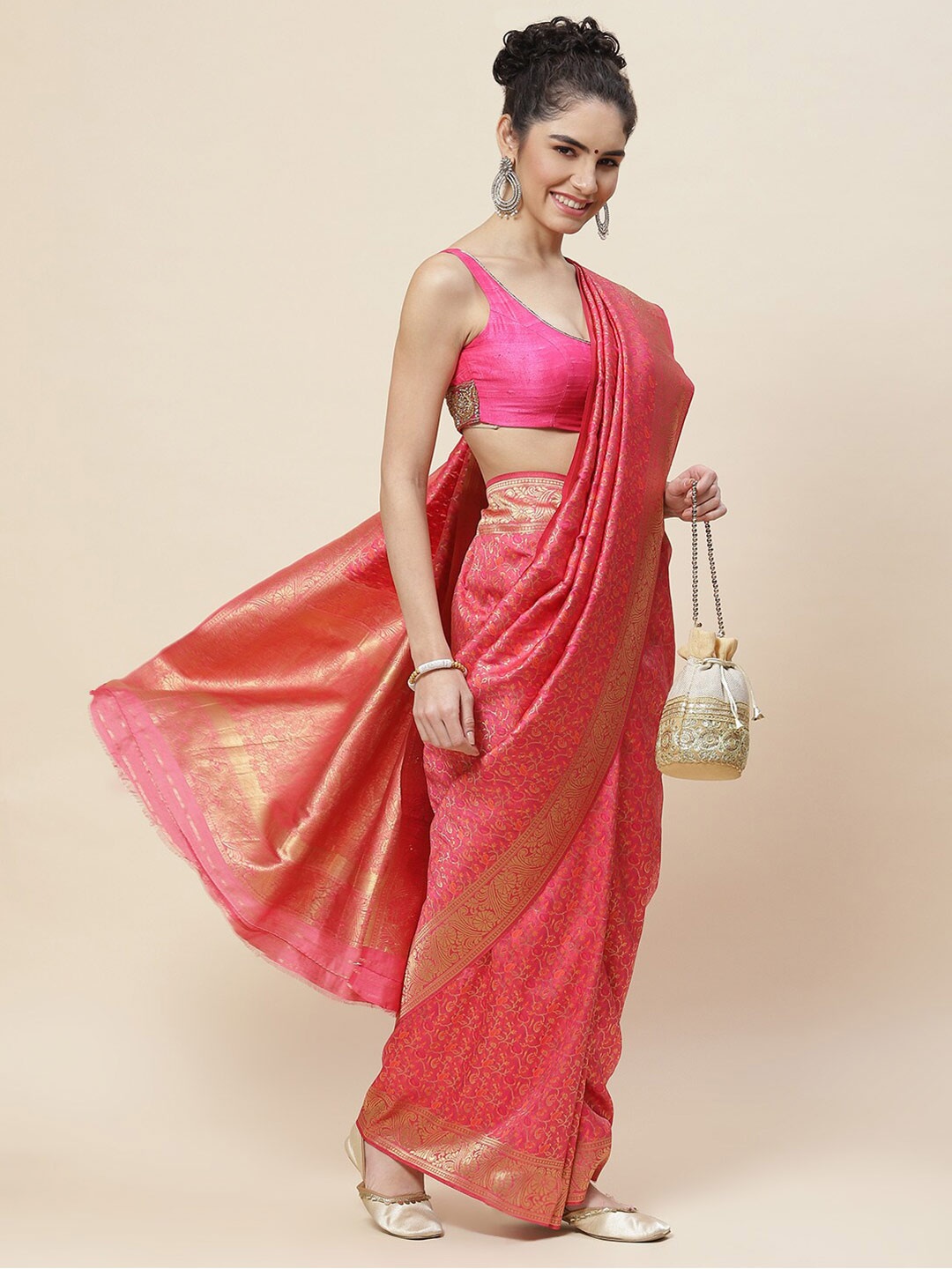 

Meena Bazaar Ethnic Motifs Zari Saree, Pink
