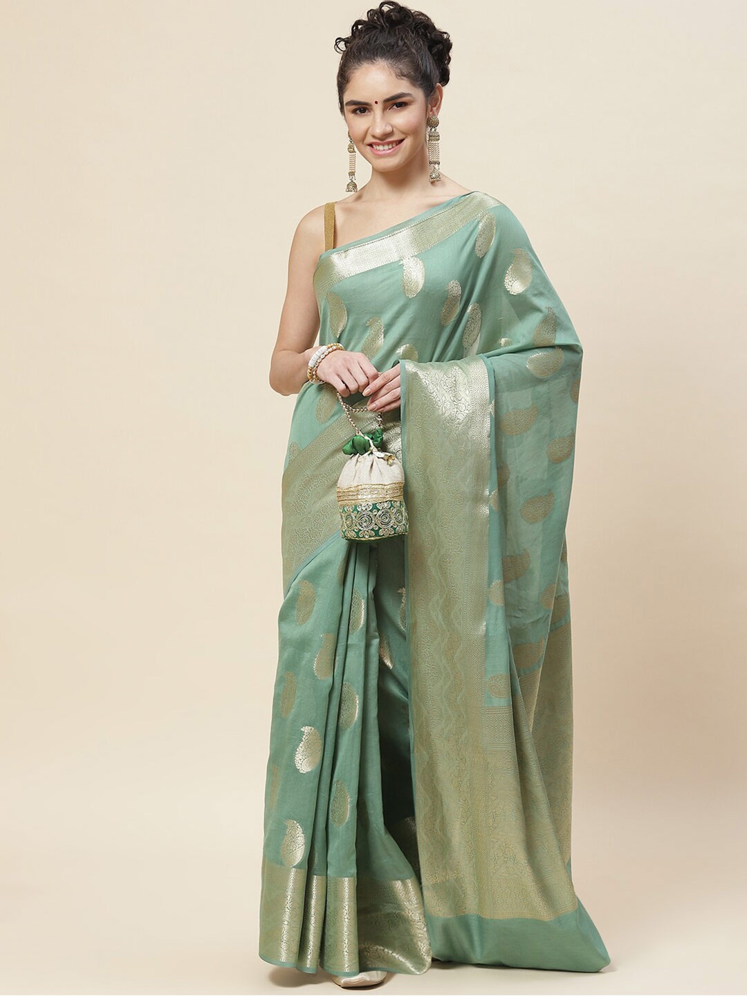 

Meena Bazaar Ethnic Motifs Zari Saree, Green