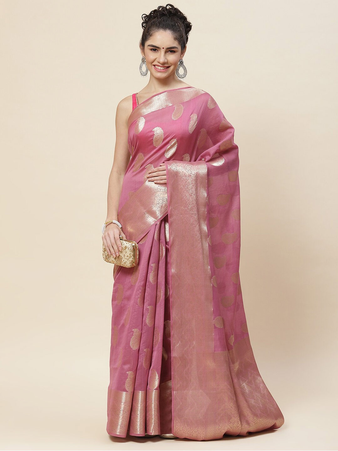

Meena Bazaar Woven Design Paisely Zari Saree, Pink