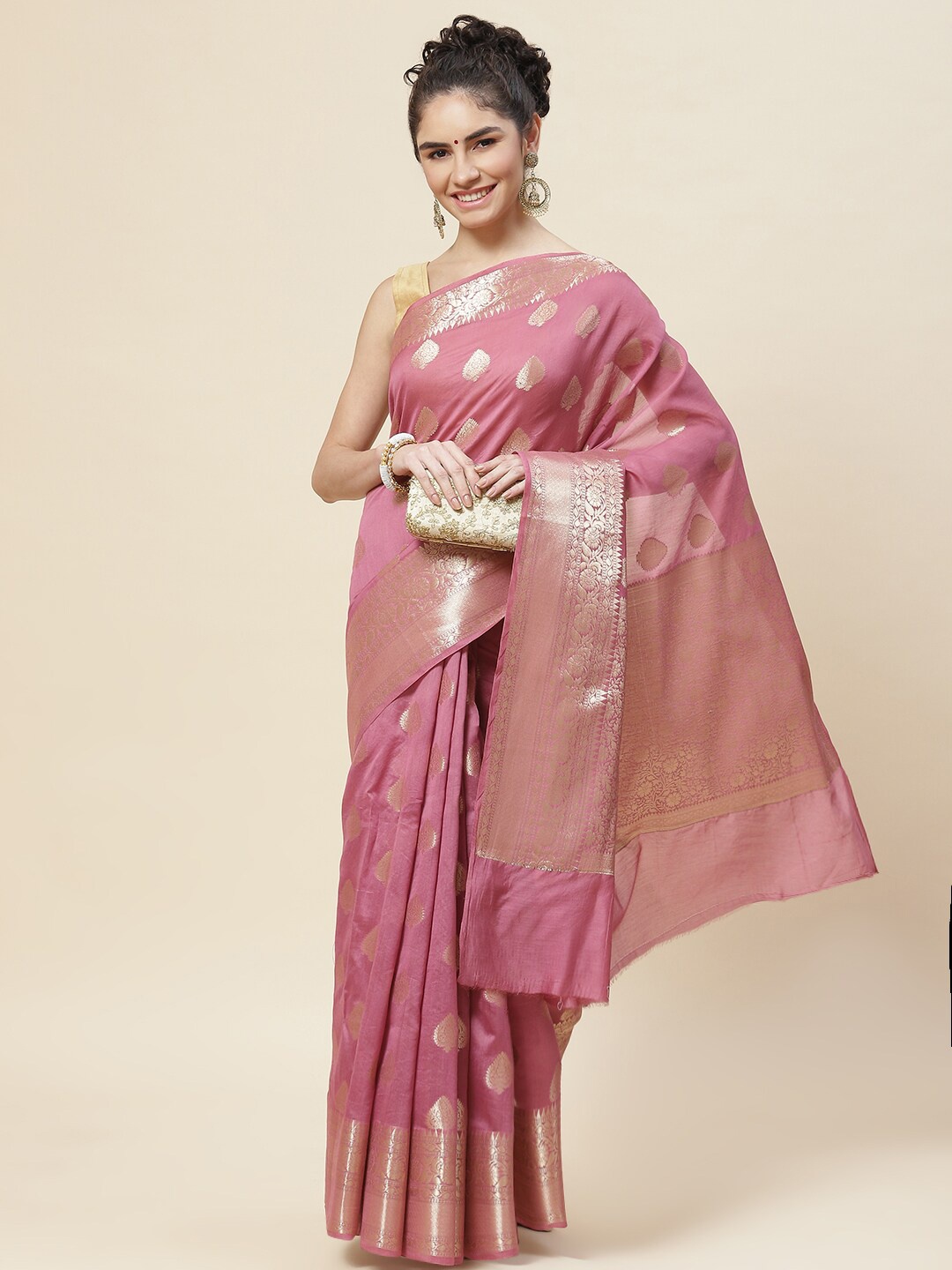 

Meena Bazaar Woven Design Zari Saree, Rose