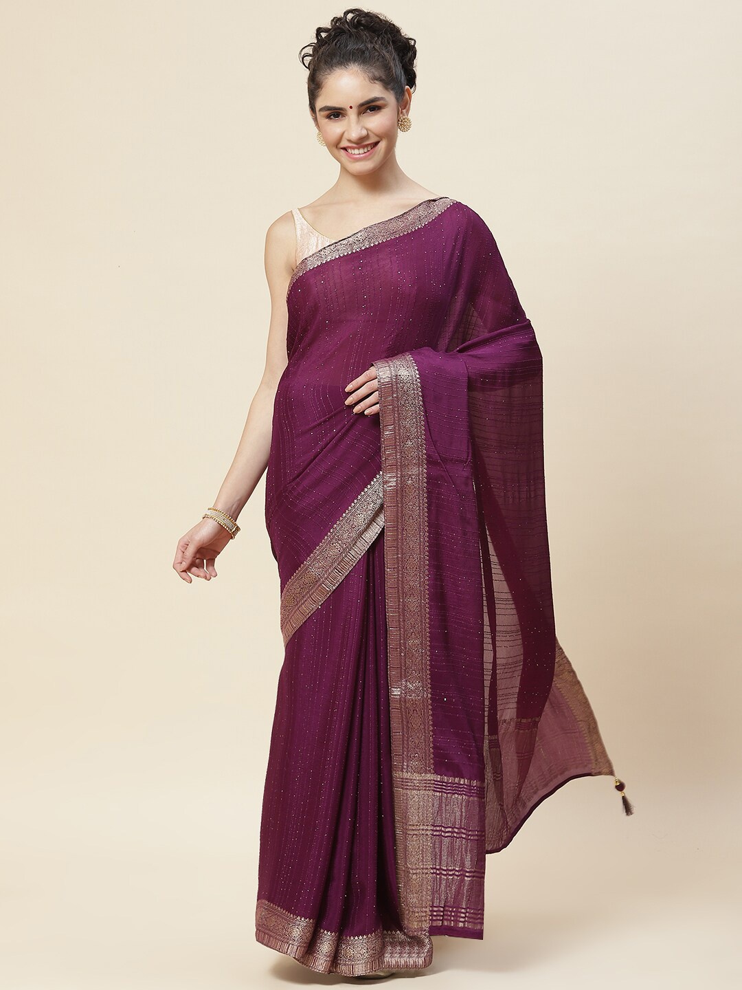 

Meena Bazaar Printed Striped Zari Saree, Purple
