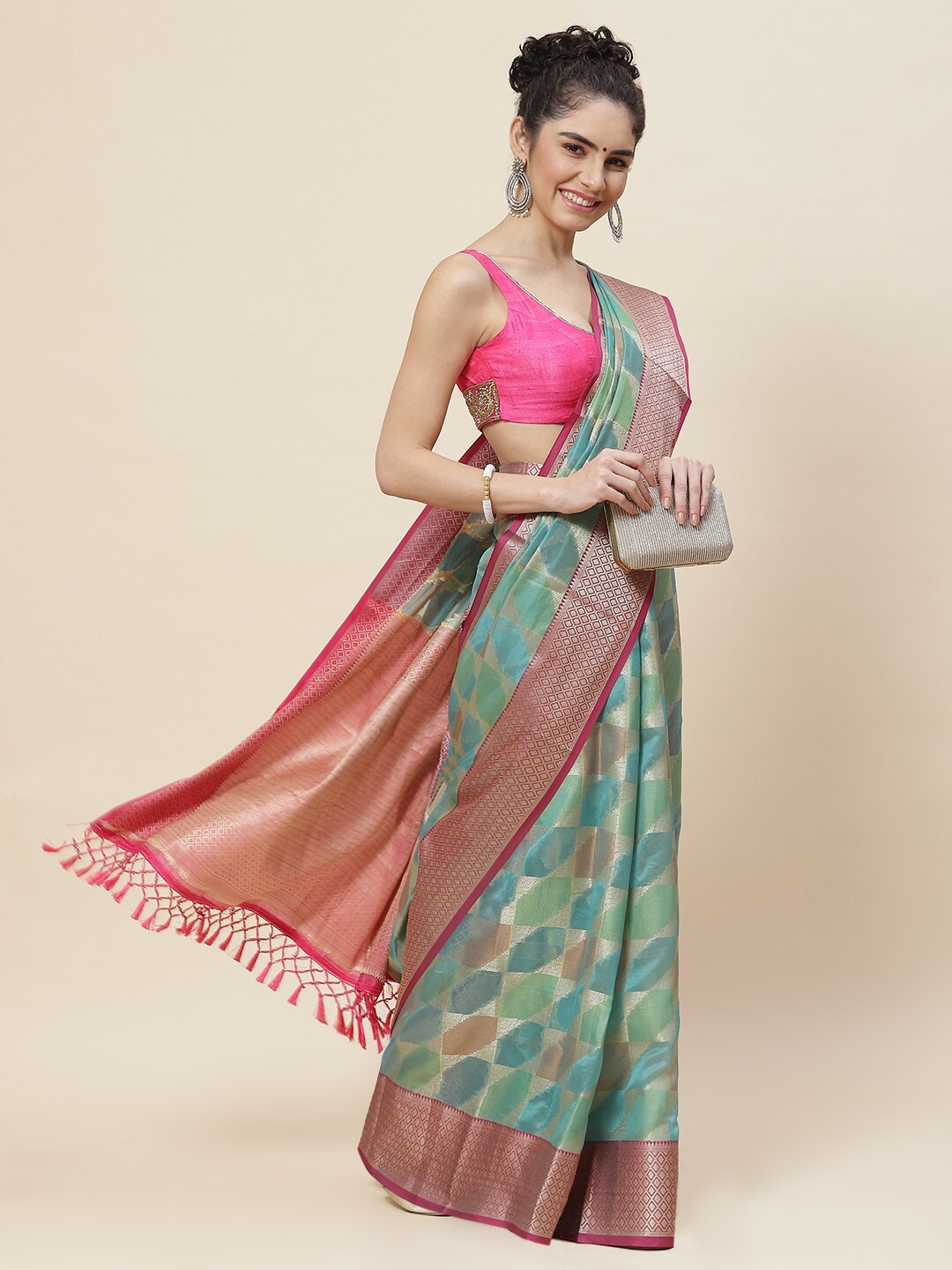 

Meena Bazaar Printed Woven Design Zari Saree, Blue