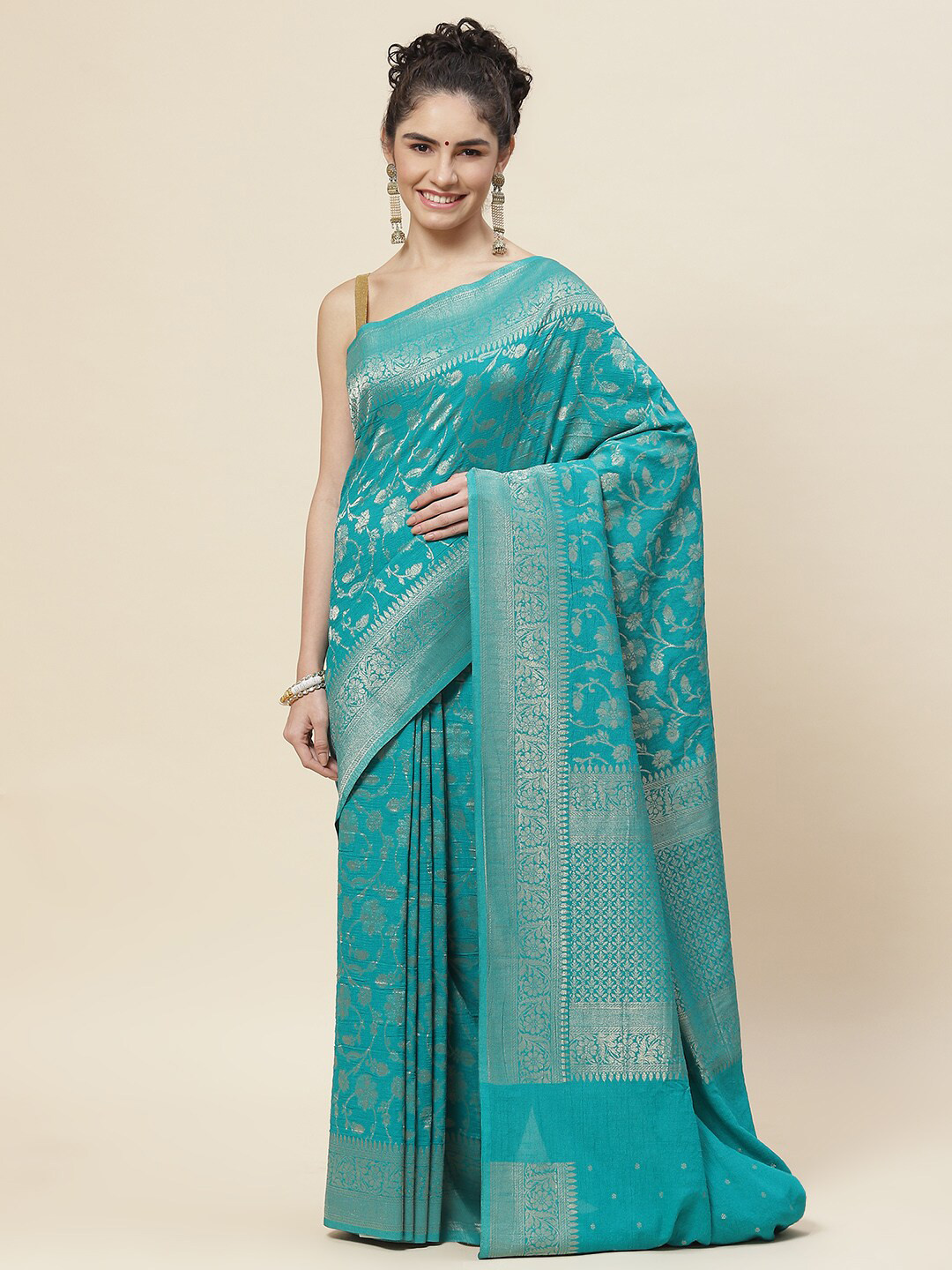 

Meena Bazaar Woven Design Zari Art Silk Tussar Saree, Green