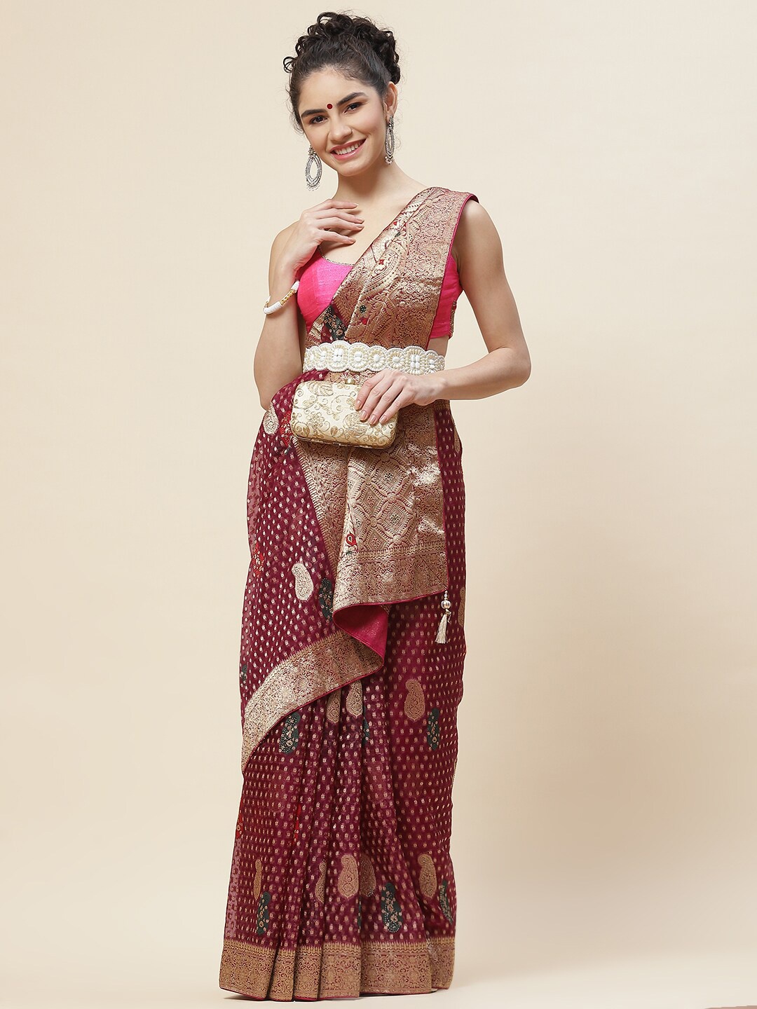 

Meena Bazaar Woven Design Zari Organza Saree, Magenta