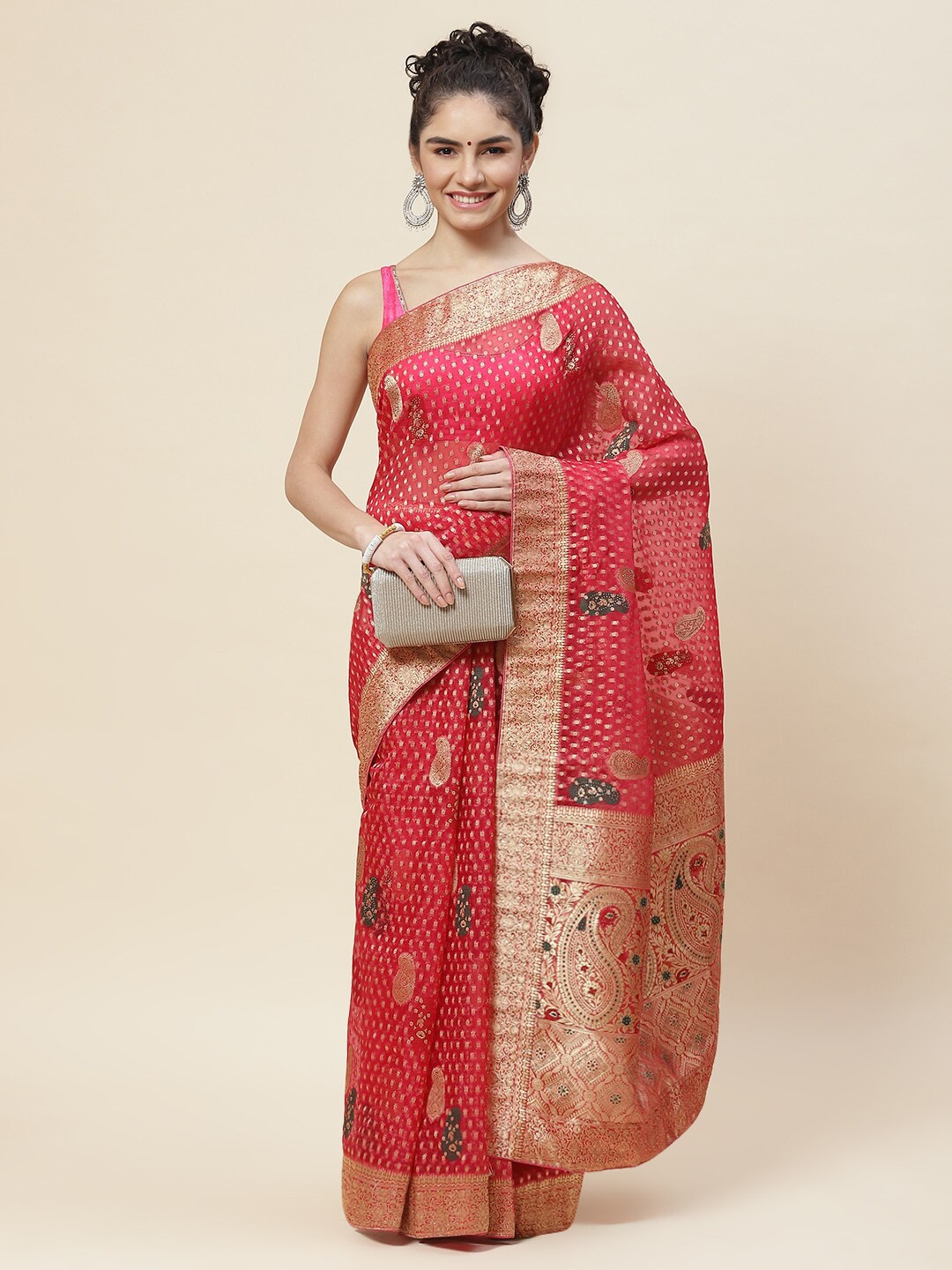 

Meena Bazaar Woven Design Zari Organza Saree, Pink