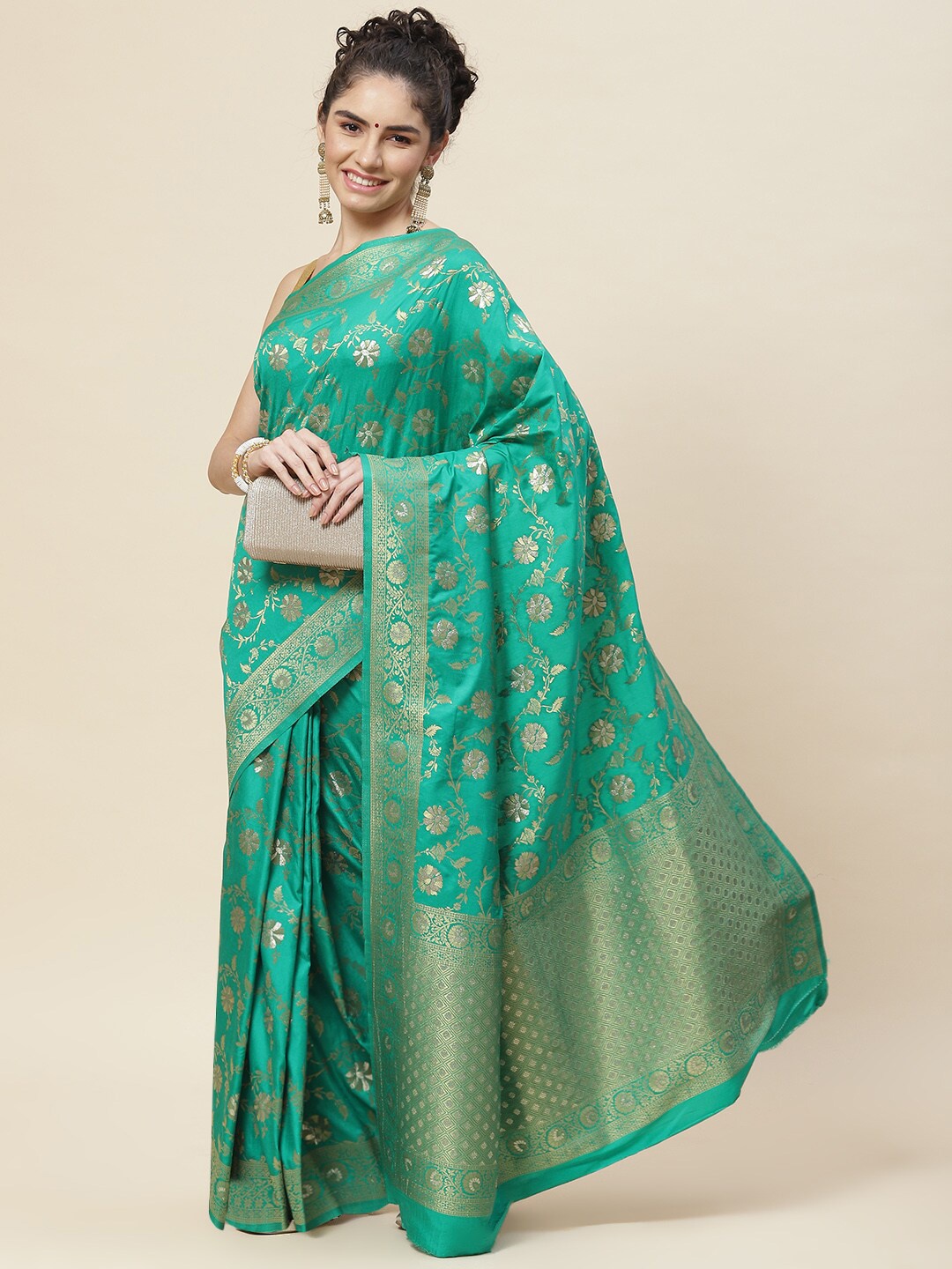 

Meena Bazaar Green & Gold-Toned Woven Design Zari Art Silk Saree