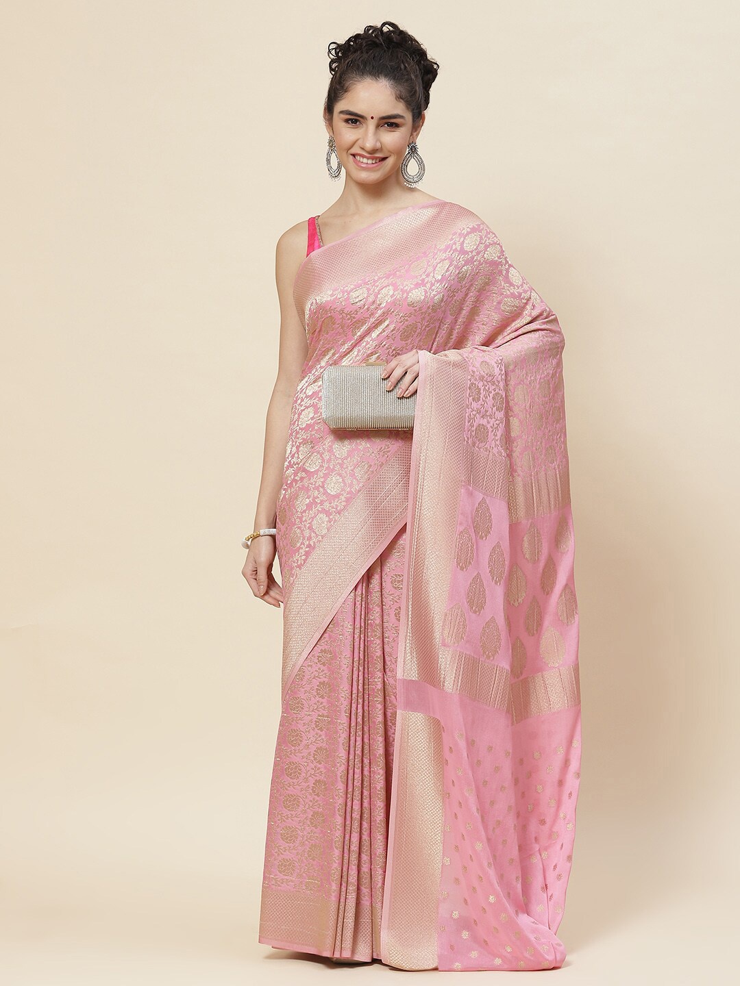 

Meena Bazaar Woven Design Zari Saree, Pink