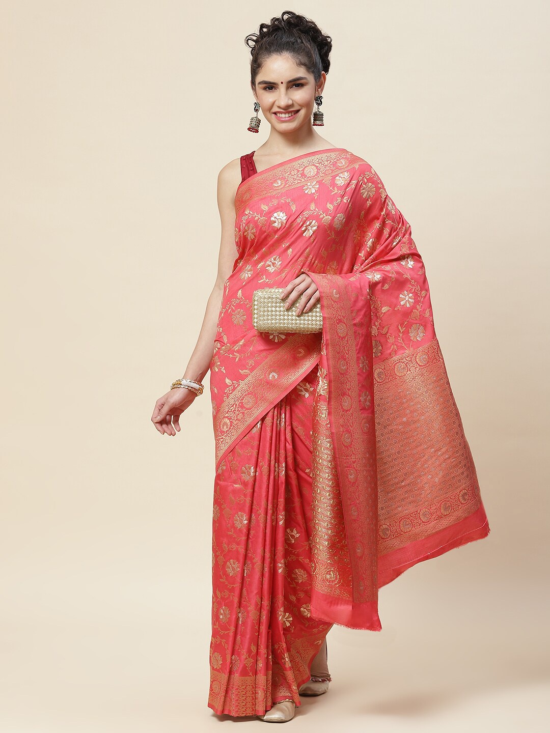 

Meena Bazaar Woven Design Zari Art Silk Saree, Coral