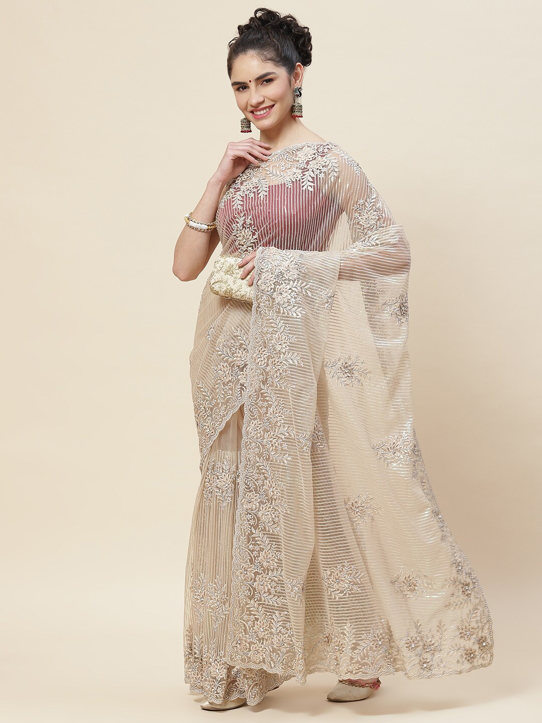 

Meena Bazaar Floral Embroidered Net Saree, Beige