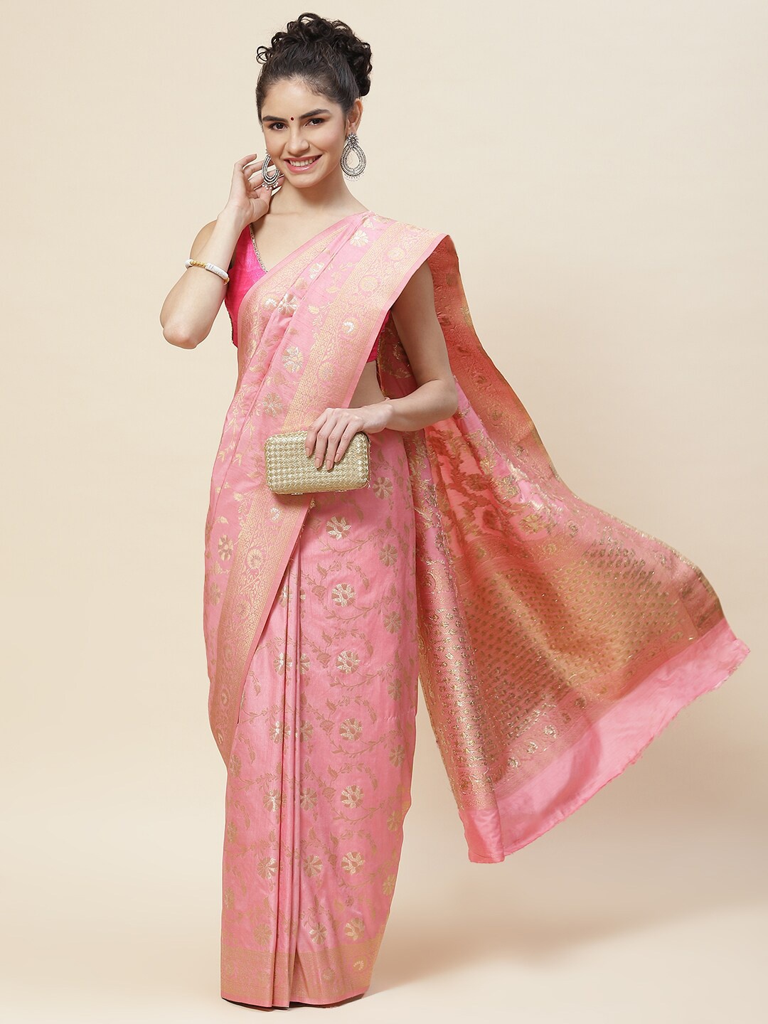 

Meena Bazaar Woven Design Zari Art Silk Saree, Pink
