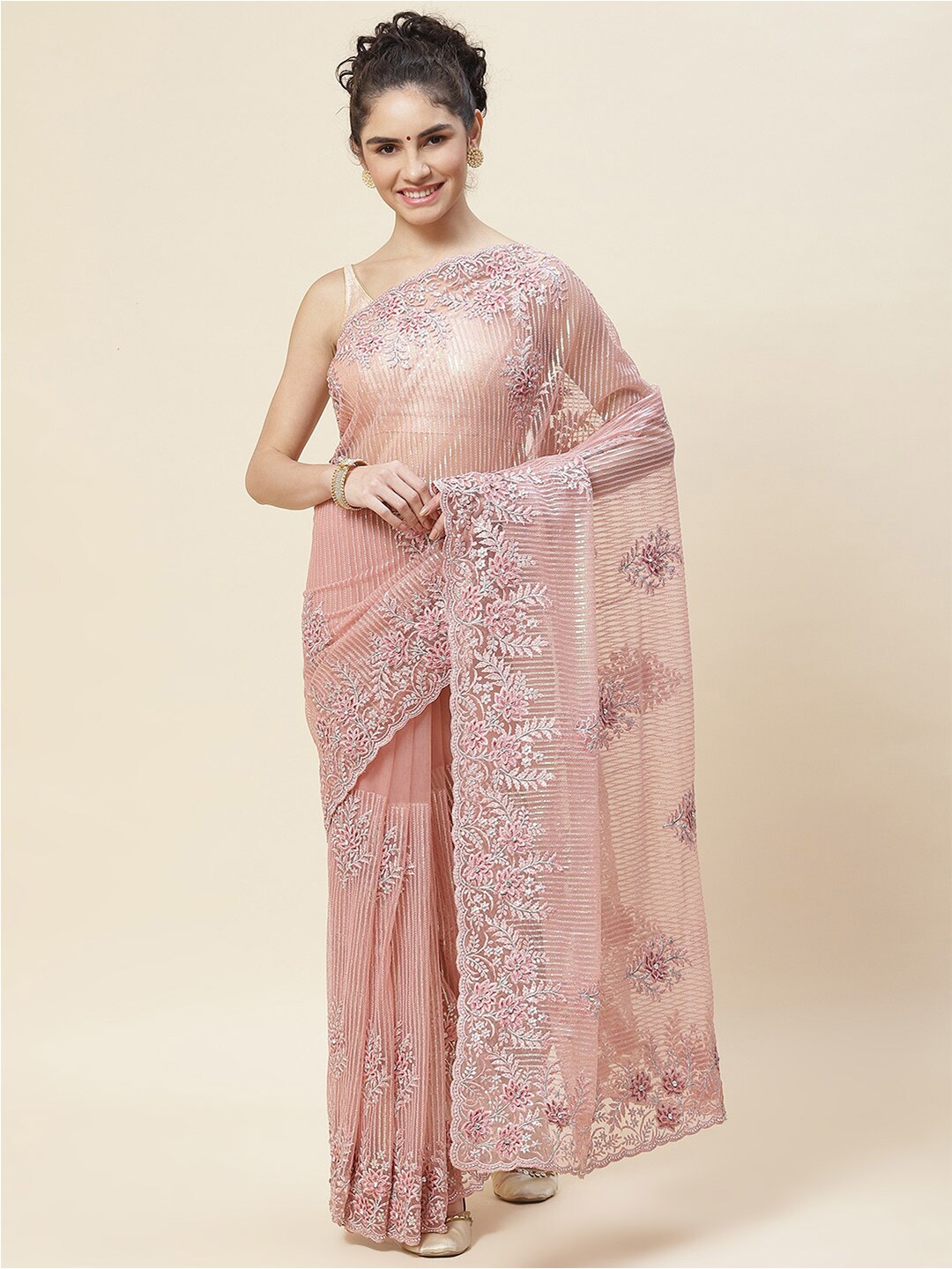 

Meena Bazaar Pink & Silver-Toned Floral Net Saree