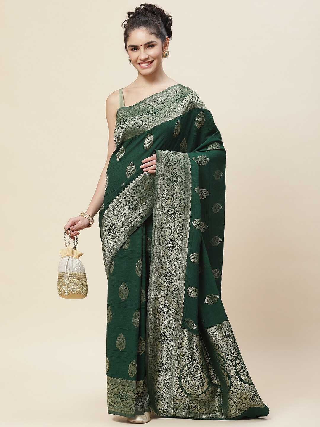 

Meena Bazaar Woven Design Zari Art Silk Tussar Saree, Green