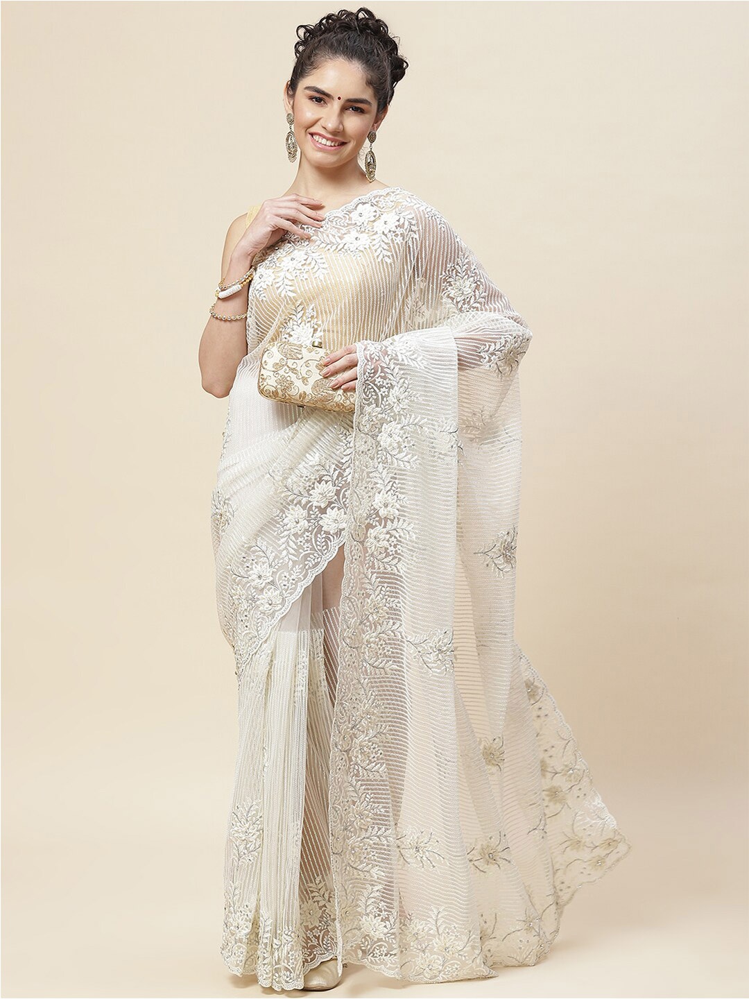 

Meena Bazaar Floral Embroidered Net Saree, Cream