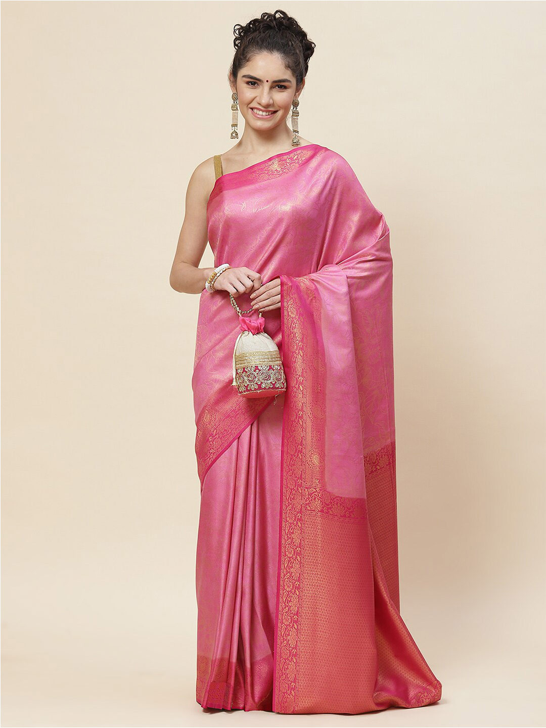 

Meena Bazaar Woven Design Zari Art Silk Saree, Pink