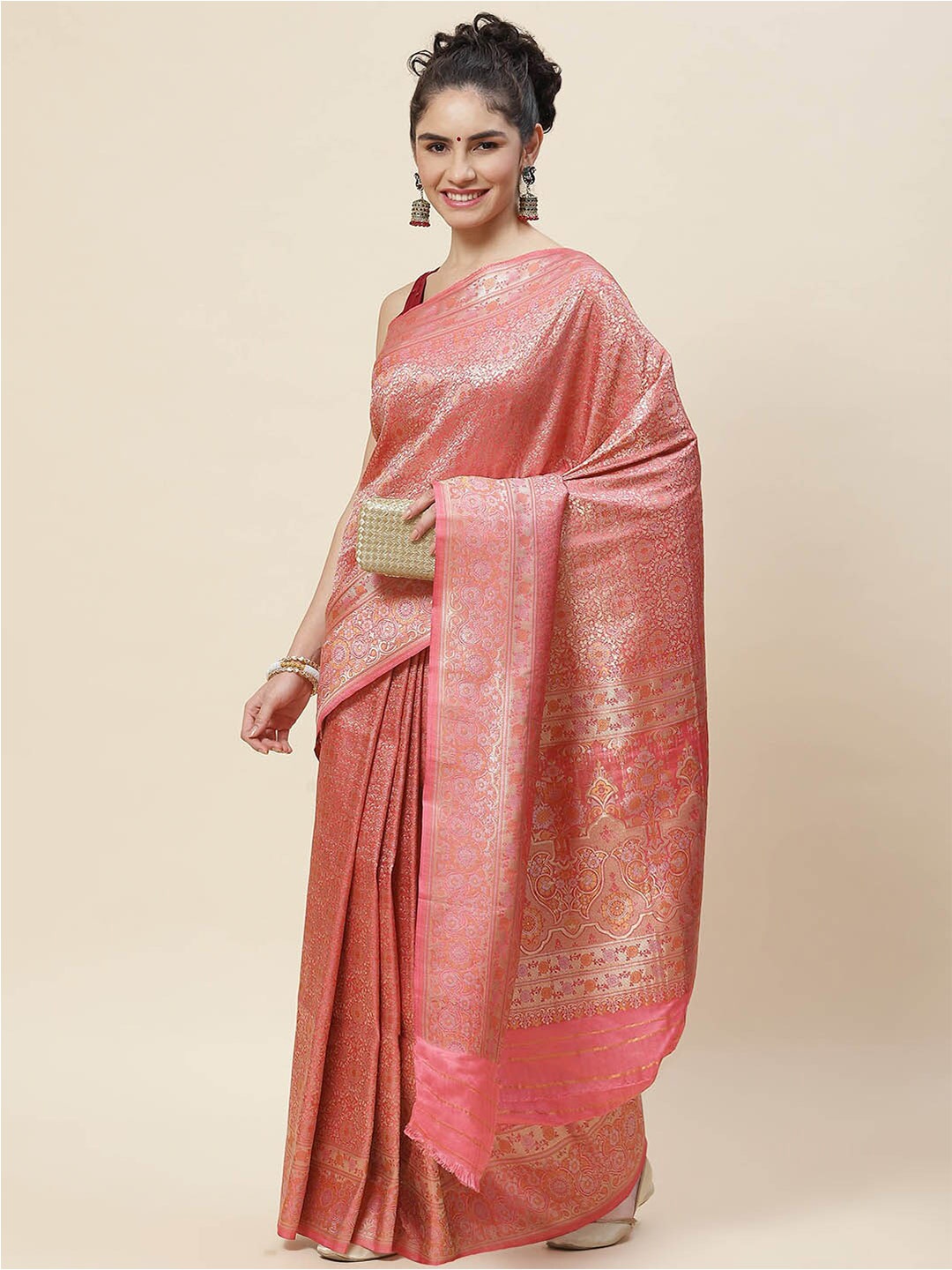 

Meena Bazaar Woven Design Zari Art Silk Saree, Pink