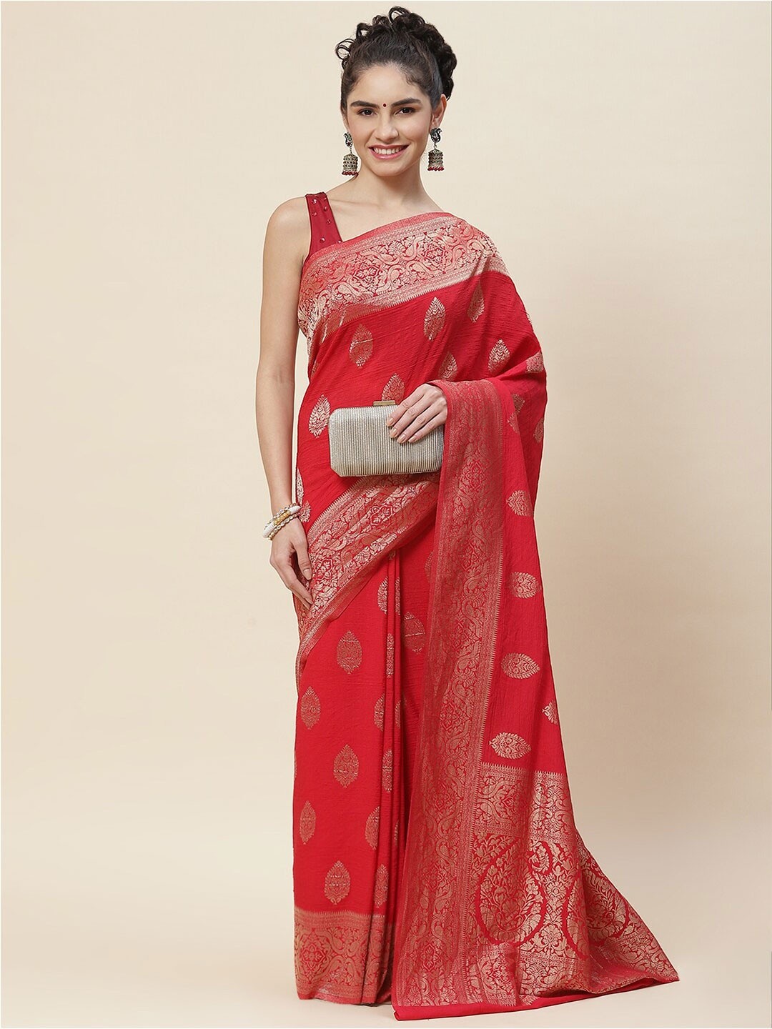 

Meena Bazaar Woven Design Zari Art Silk Tussar Saree, Red