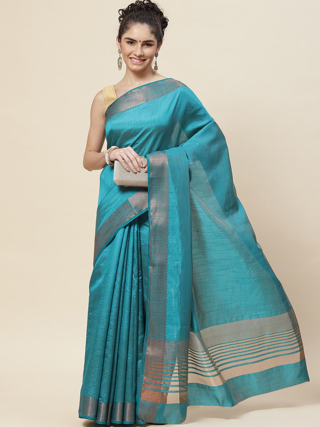 

Meena Bazaar Zari Bordered Art Silk Saree, Turquoise blue