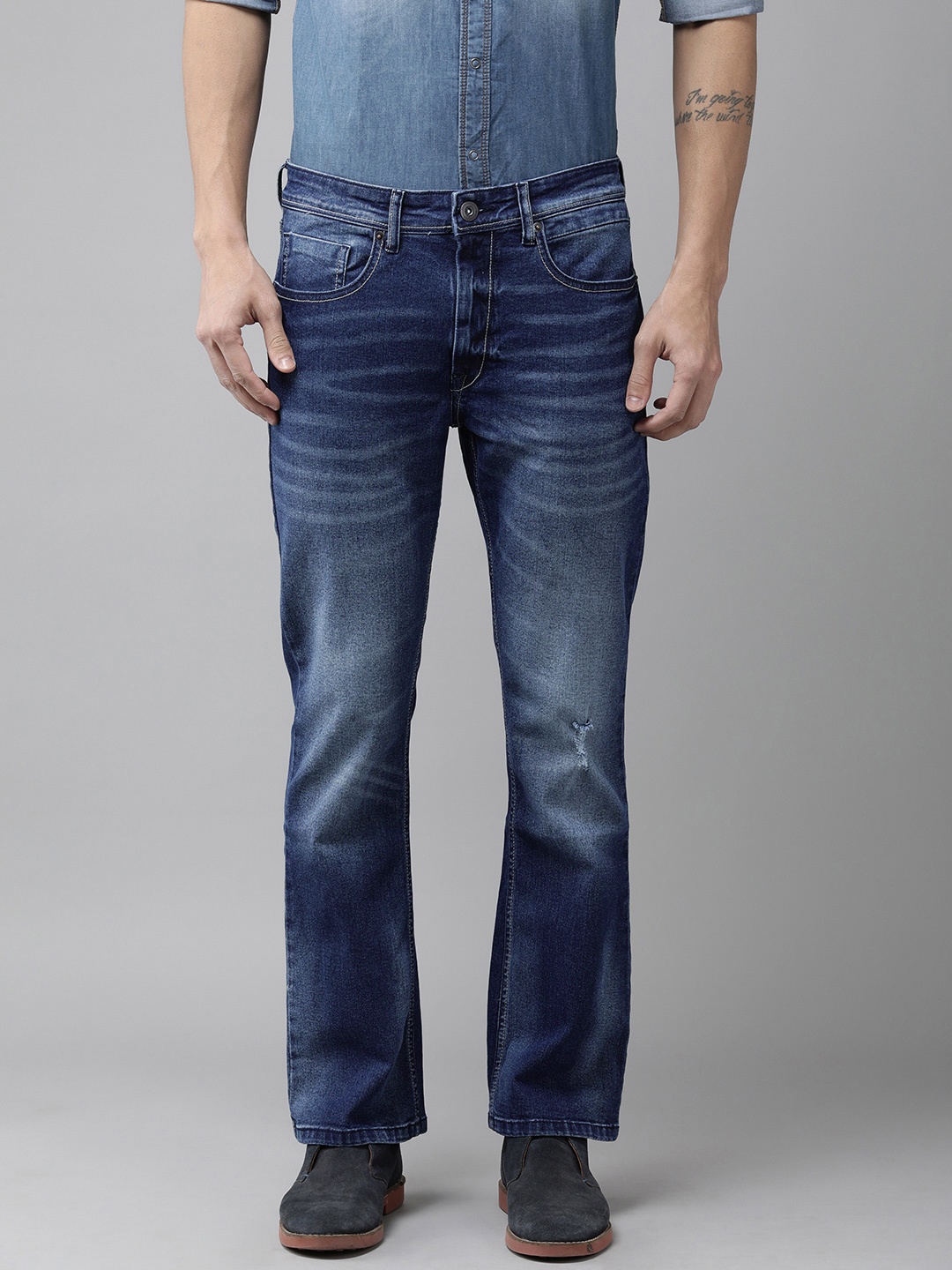 

BEAT LONDON by PEPE JEANS Men Slim Fit Mildly Distressed Faded Stretchable Bootcut Jeans, Blue
