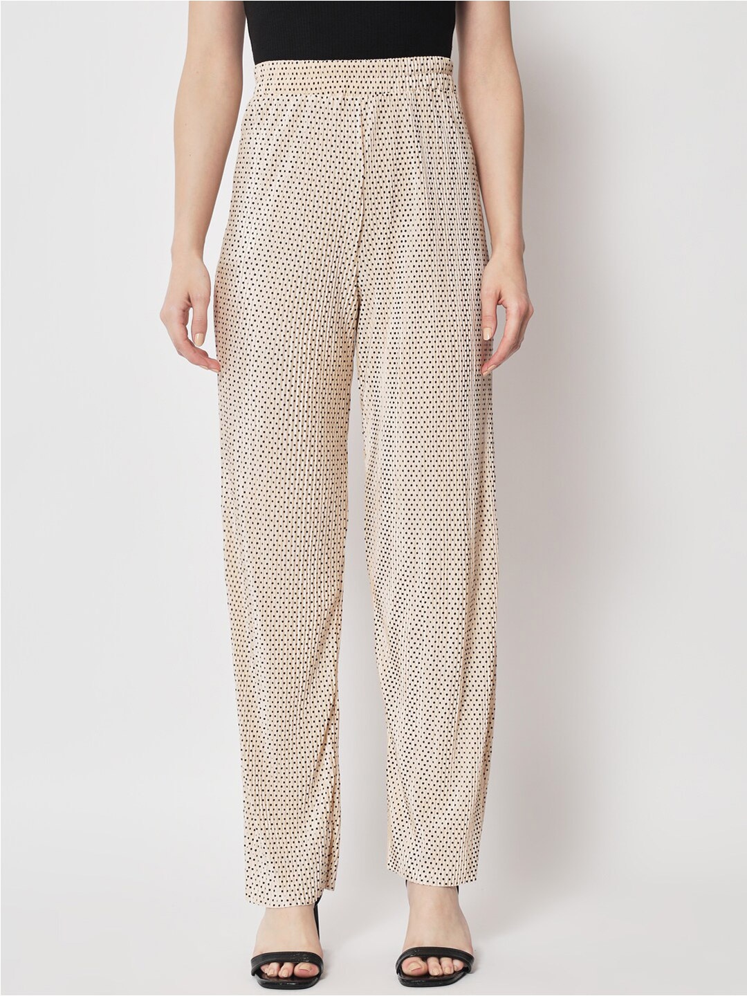 

HERE&NOW Women Polka Dot Printed Satin Palazzos, Beige