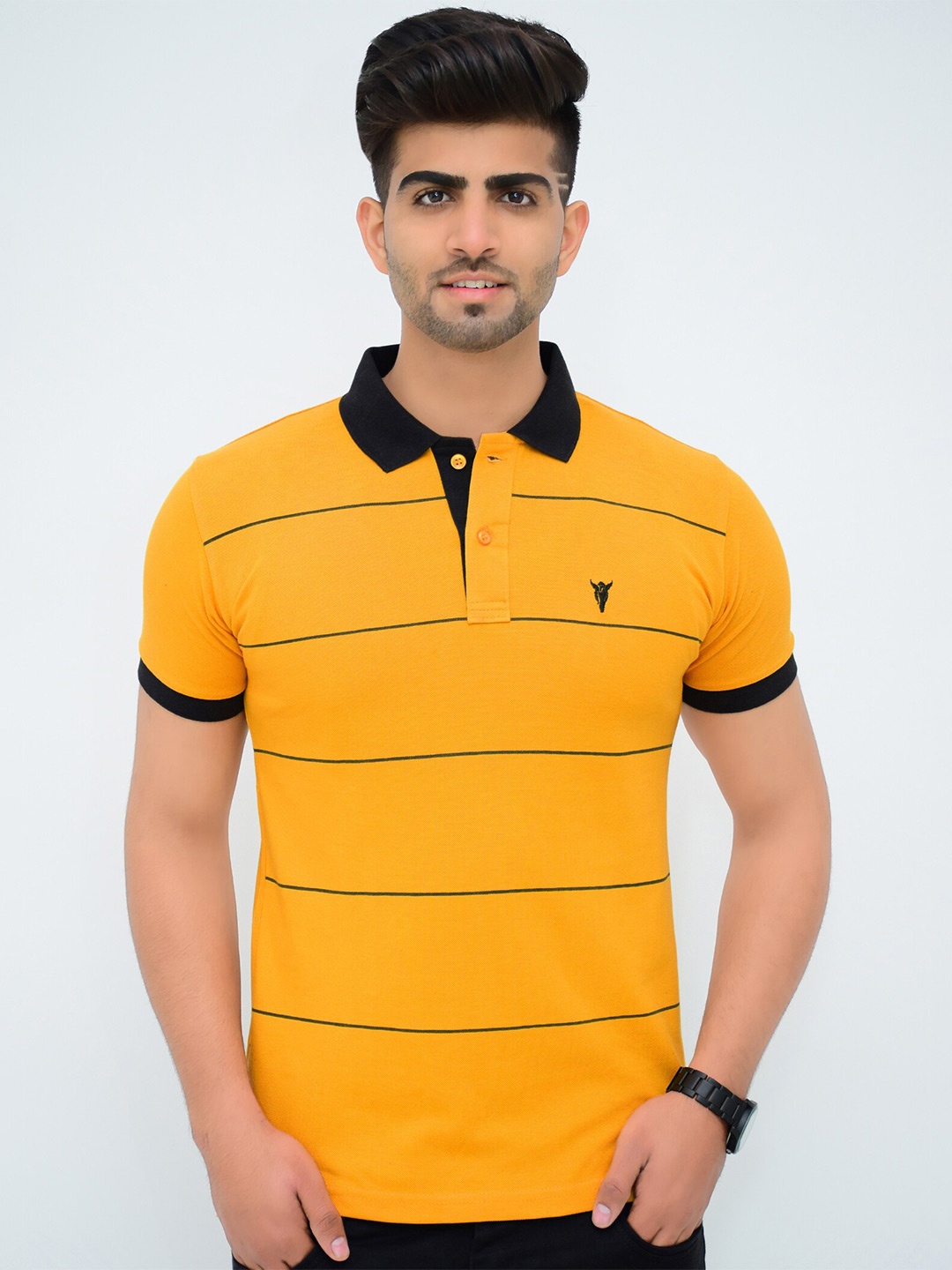 

3BROS Men Striped Polo Collar Cotton T-shirt, Orange