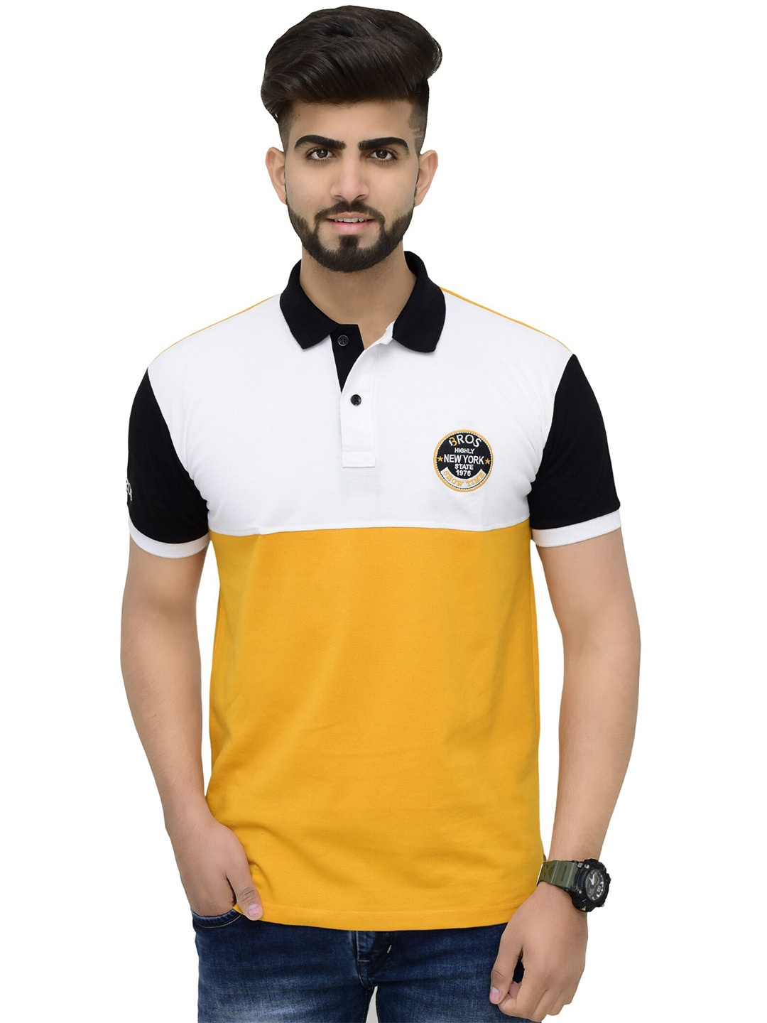 

3BROS Men Colourblocked Polo Collar T-shirt, White
