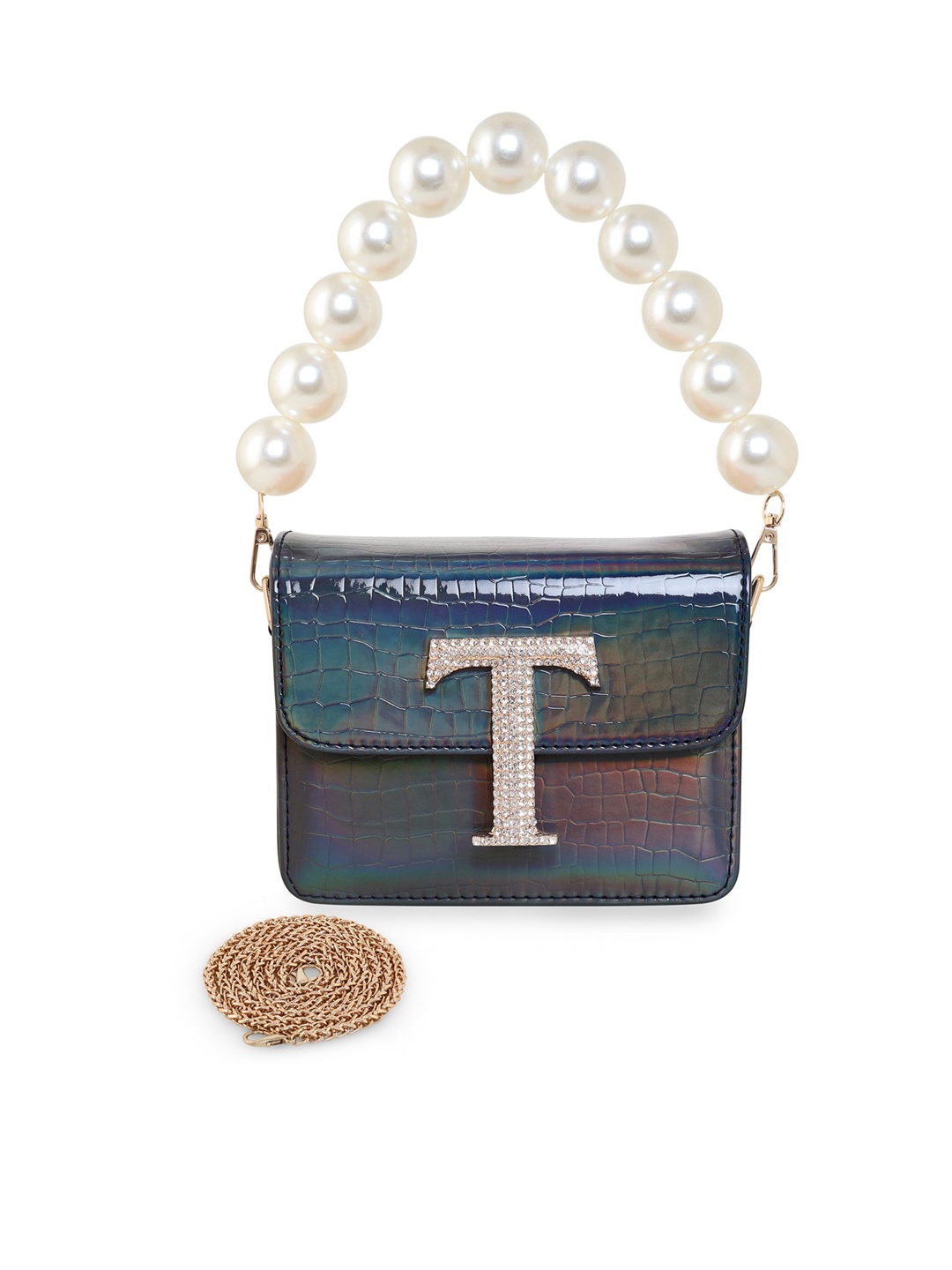 

ESBEDA Embellished Glossy Croc Textured PU Structured Sling Bag, Navy blue