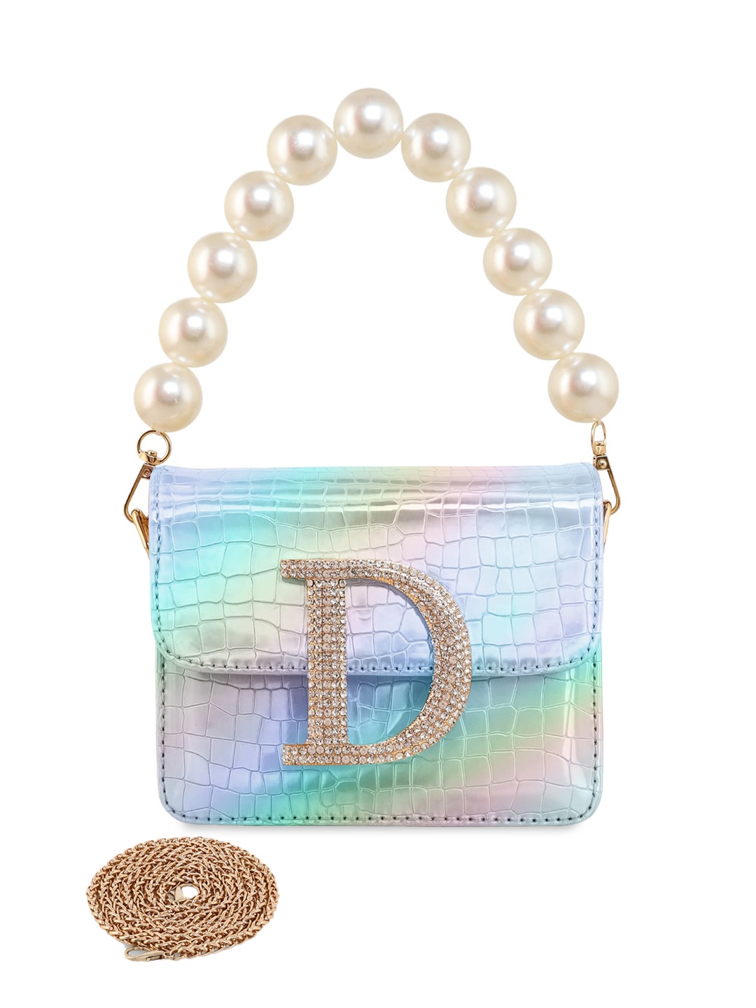 

ESBEDA Pearl Embellished Structured Hotty Glossy Sling Bag, Silver