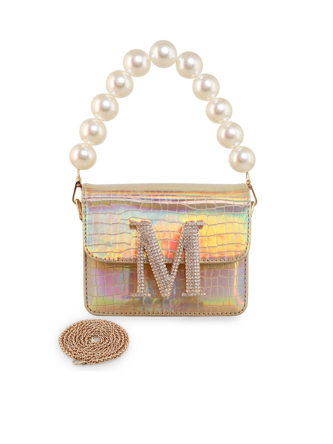 

ESBEDA Women Hotty Glossy Croco Embellished PU Structured Sling Bag, Gold