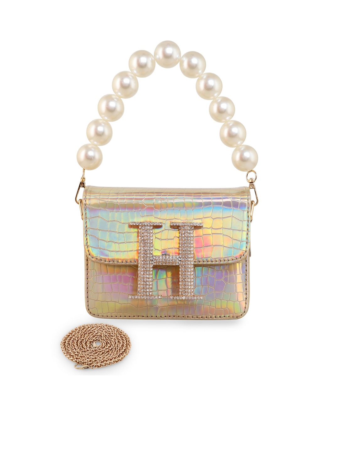ESBEDA Hotty Glossy Croc Textured Structured Sling Bag, Gold