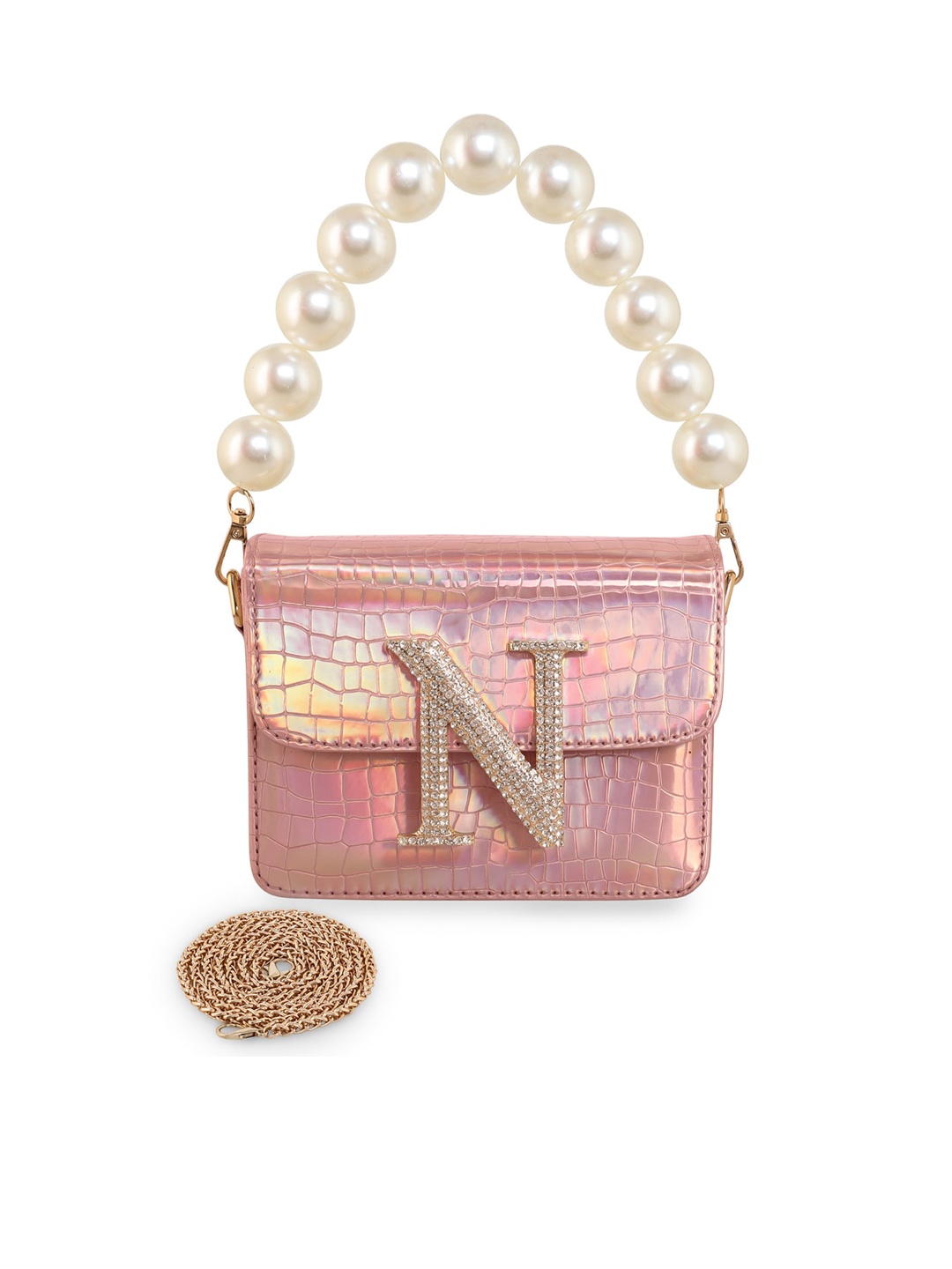 

ESBEDA Pearl Embellished Structured Hotty Glossy Sling Bag, Rose gold
