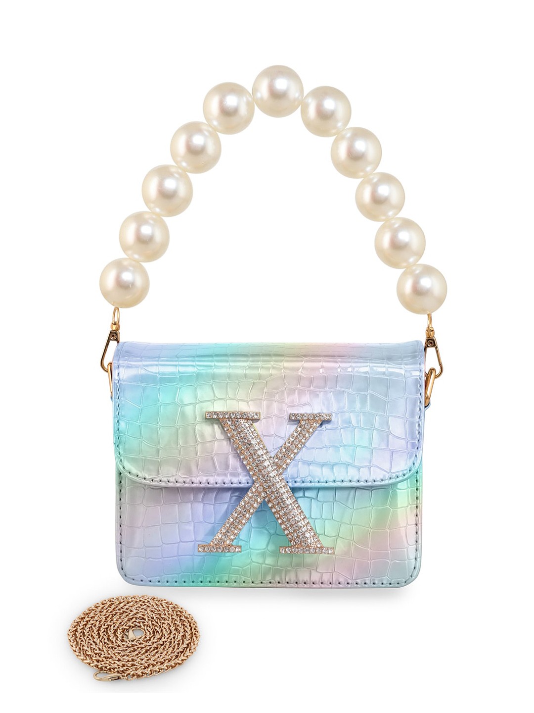 

ESBEDA Embellished Glossy Croc Textured PU Structured Sling Bag, Blue