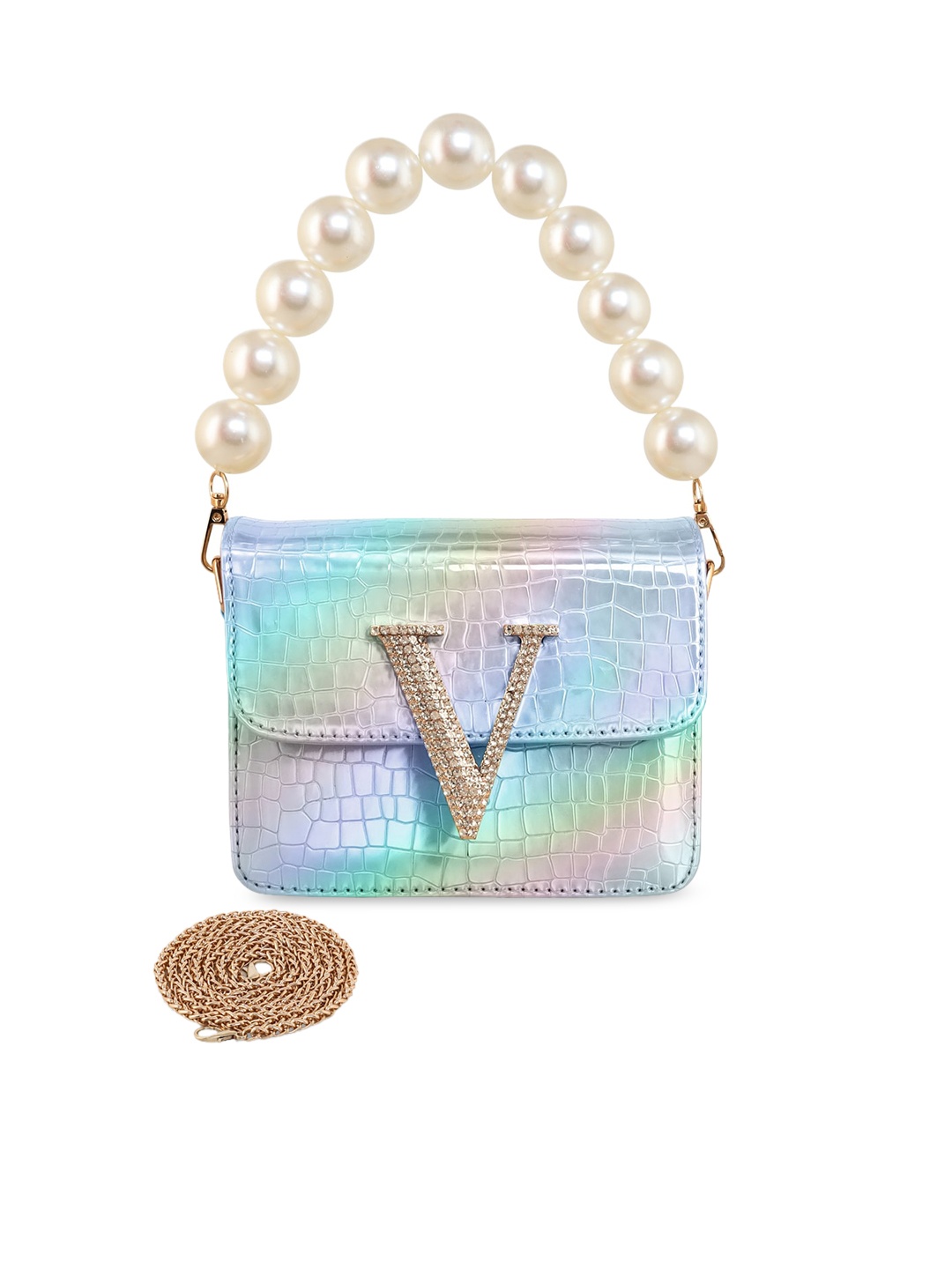 

ESBEDA Hotty Glossy Croc Textured Structured Sling Bag, Silver