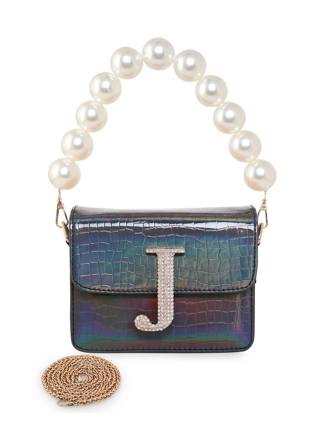 

ESBEDA Hotty Glossy Croc Textured Structured Sling Bag, Navy blue