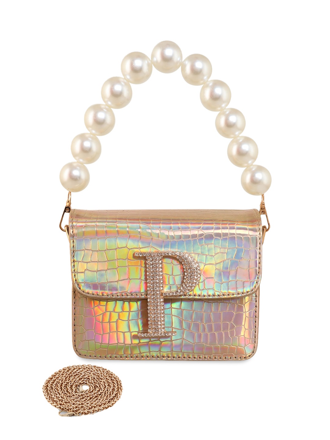 

ESBEDA Hotty Glossy Croc Textured Structured Sling Bag, Gold