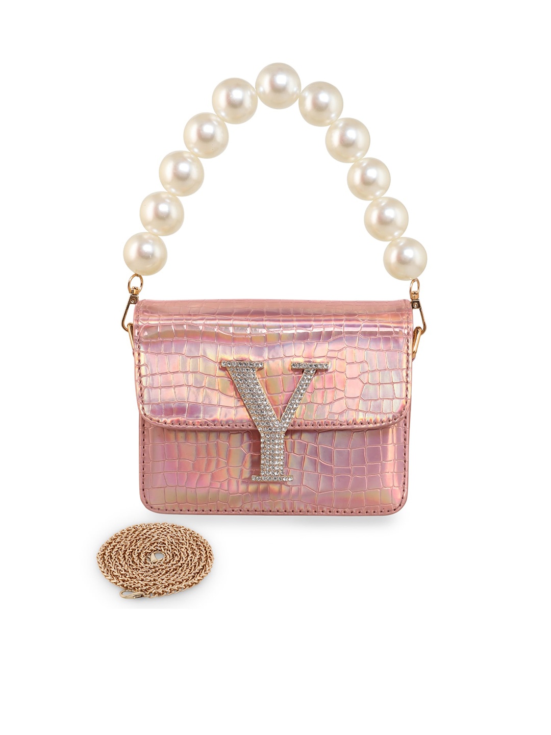 

ESBEDA Hotty Glossy Croc Textured Sling Bag, Rose gold