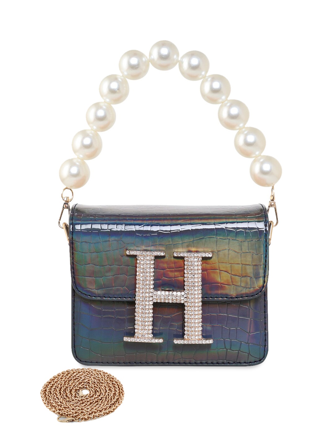 

ESBEDA Pearl Embellished Structured Hotty Glossy Sling Bag, Navy blue