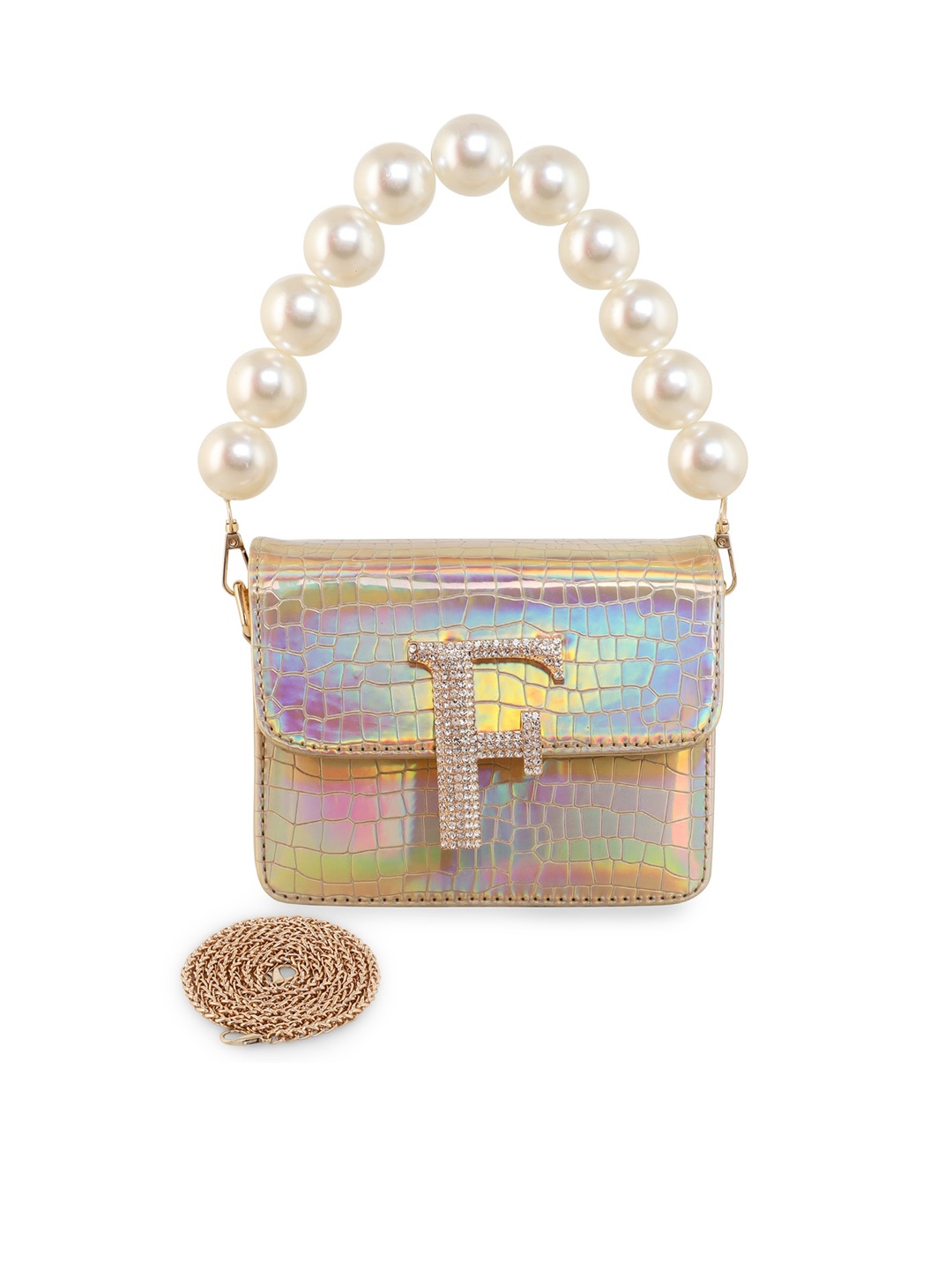 

ESBEDA Pearl Embellished PU Structured Hotty Glossy Sling Bags, Gold