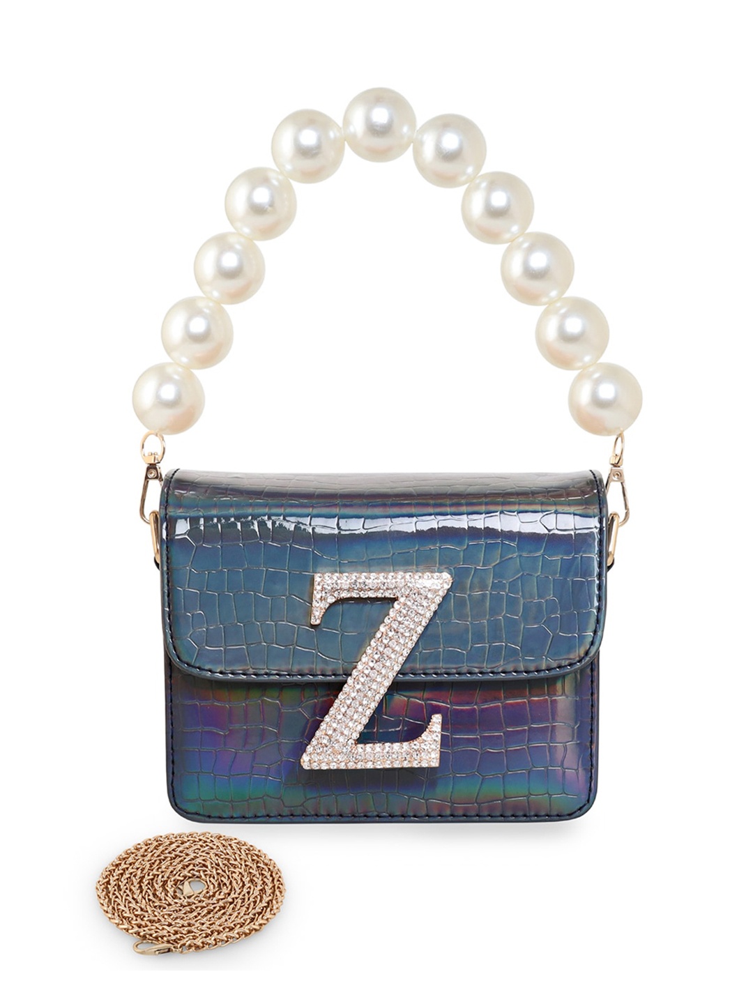 

ESBEDA Hotty Glossy Croc Textured Structured Sling Bag, Navy blue