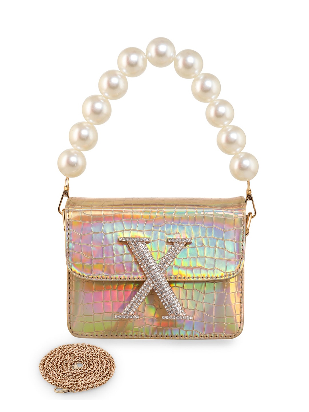 

ESBEDA Hotty Glossy Croc Textured Structured Sling Bag, Gold