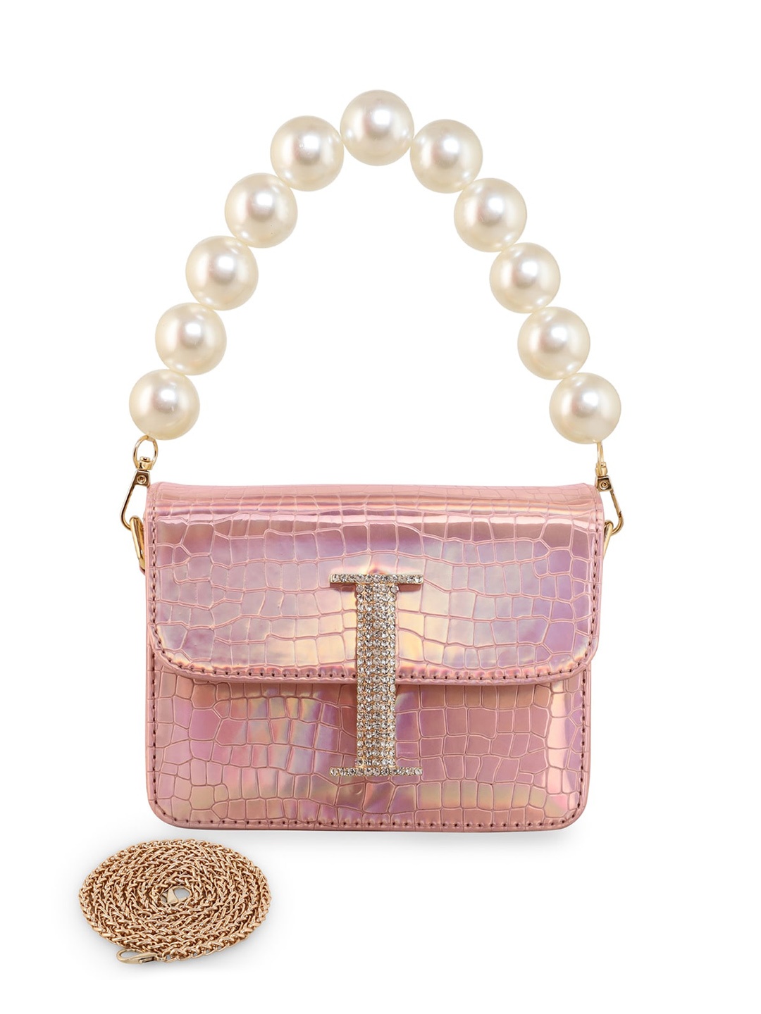ESBEDA Hotty Glossy Croc Sling Bag, Rose gold