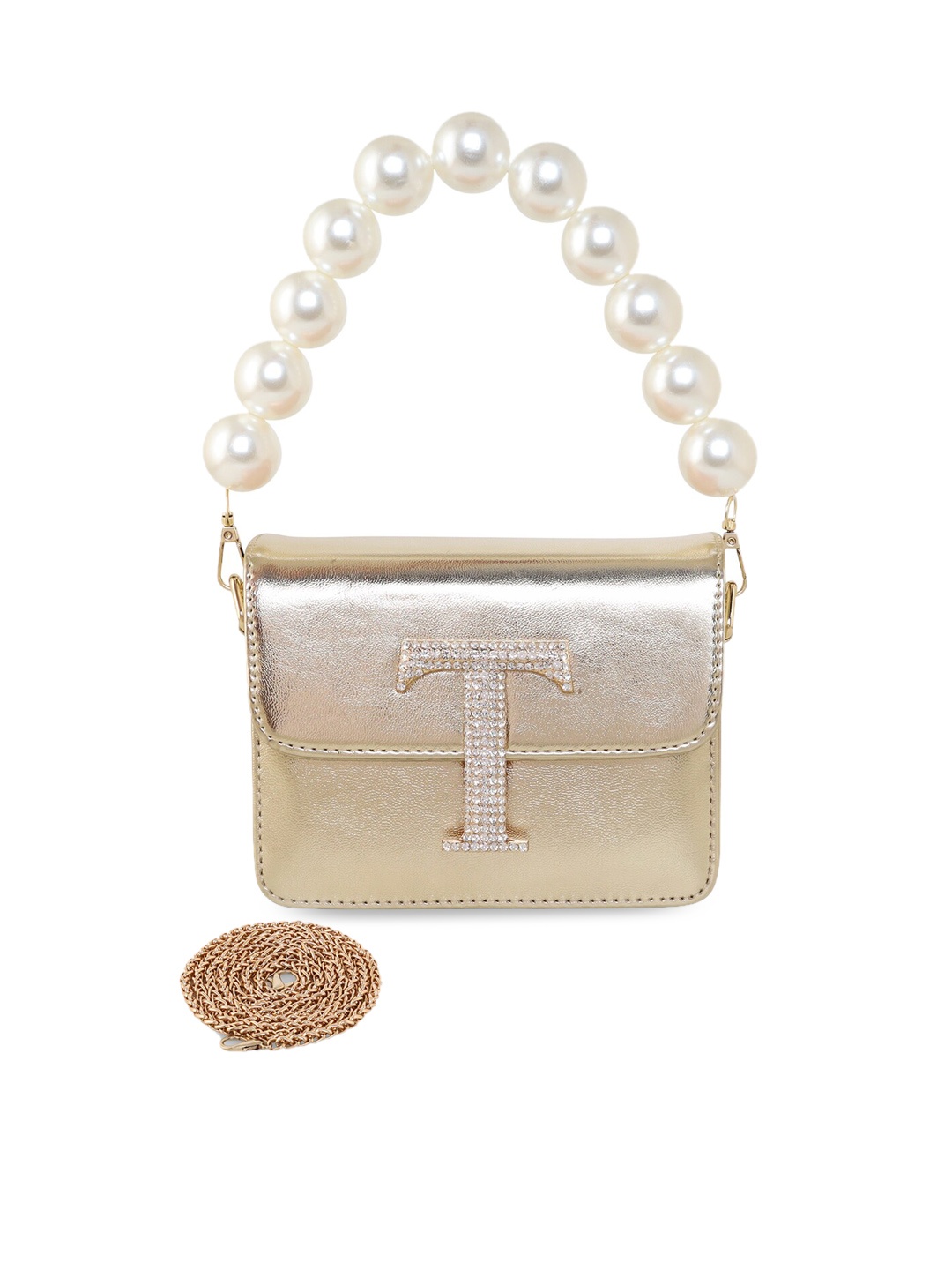 

ESBEDA Golden Pearl Embellished Structured Sling Bag, Gold