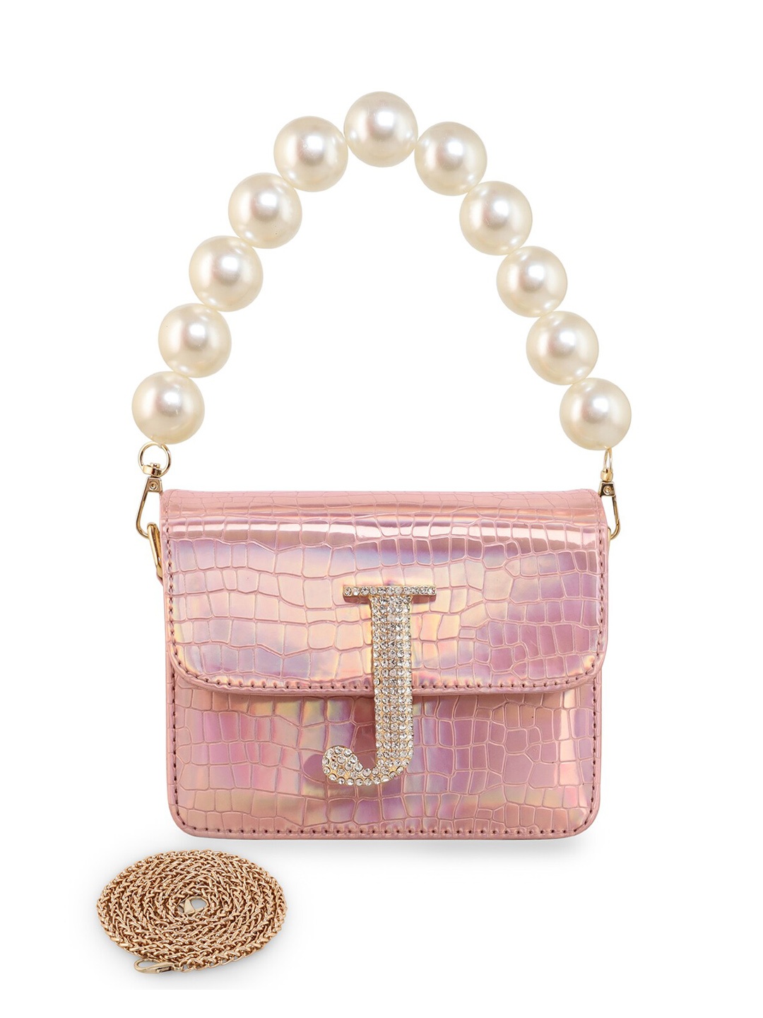 

ESBEDA Embellished Glossy Croc Textured PU Structured Sling Bag, Rose gold