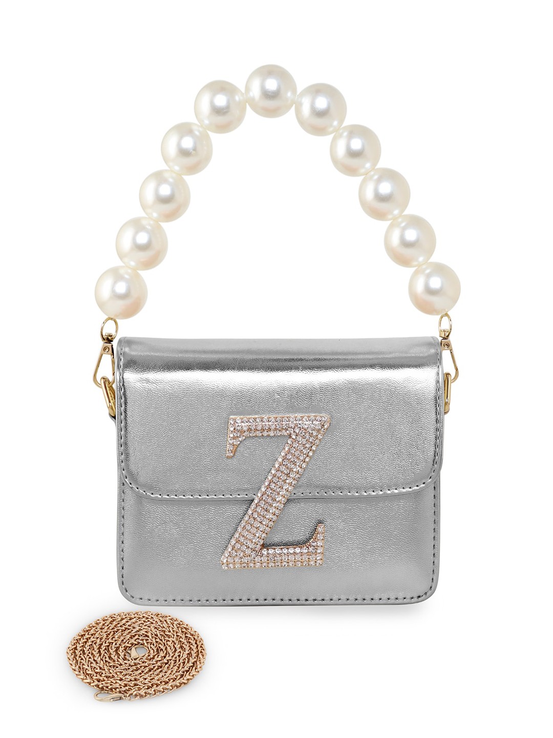 

ESBEDA Silver-Toned Pearl Embellished Structured Sling Bag