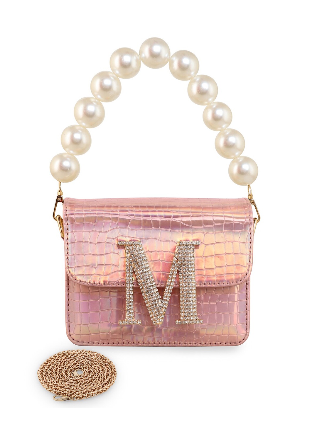 ESBEDA Women Hotty Glossy Croco Structured Sling Bag, Rose gold